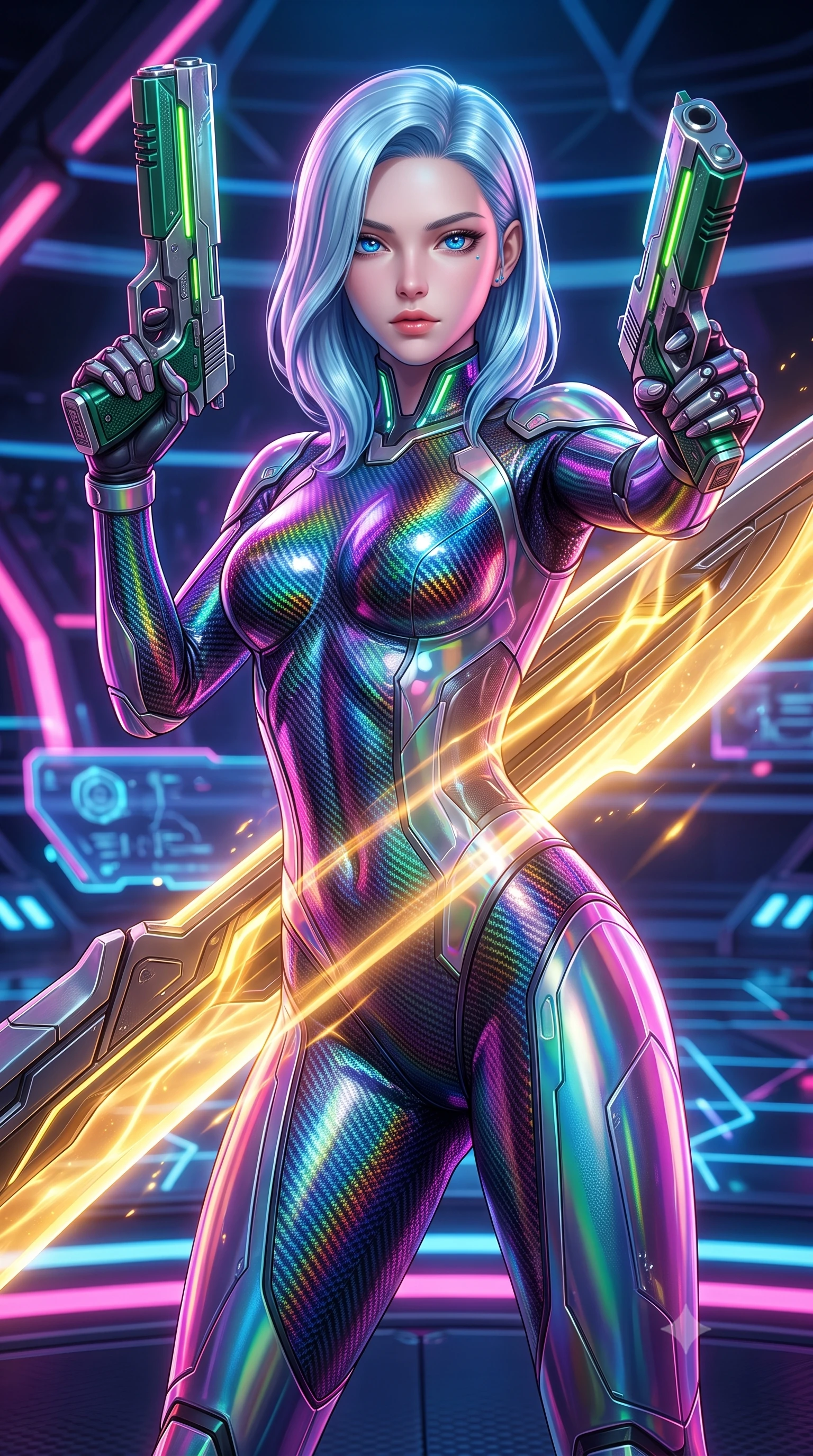 score_9, masterpiece, best quality, ultra-detailed, high-budget anime keyframe, semi-realistic 3D game render, editorial fashion photography, tasteful artistic composition, Korean woman. close-up cowboy shot from the waist and thighs up, the character dominates the composition, filling the frame with her large presence. gazing forward with divine sovereign poise, captivating jewel-like eyes shining with transcendent focus while holding her weapon with effortless mastery while arching her spine in a fluid motion as glowing golden energy channels along the broad blade illuminate her sculpted torso. The surrounding environment is rendered in vivid detail and crisp panoramic clarity. sharp titanium crossguard engravings, arena holographic projector nodes, and armor plating seams in high clarity. She has an exceptionally elegant, slender, and willowy female figure with an ultra-slim waist, a gracefully sculpted slender torso, toned flat midriff, and a refined slim silhouette. sharp v-shaped jawline, high-bridge nose, intricate jewel-like eyes with depth, thick eyelashes, glossy lips with a natural sheen, flawlessly proportioned anatomical accuracy, strict slender model proportions, natural body alignment, perfectly sculpted long slender limbs, ultra-slim waistline, clean dynamic posture without body distortion. wearing a high-gloss iridescent rainbow carbon-weave bodysuit with translucent cybernetic panels, brandishing dual sleek chrome particle beam pistols in a dynamic combat stance in emerald green carbon composite with glowing lime laser channels, crafted from ultra-strong woven carbon-fiber composite with a satin luster, featuring a sleek aerodynamic collar framed by subtle glowing cybernetic status LEDs, the form-contouring material adhering flawlessly to her sculpted flat midriff and slender torso, emphasizing her long leg lines and perfectly proportioned willowy build. surrounded by an invincible, royal, and fiercely captivating cyber-gladiator empress aura. rich saturated anime colors with glowing neon highlights, detailed shading with soft gradients, rich glossy textures, high-contrast stereoscopic depth, volumetric dynamic lighting, master piece, 9:16 ratio