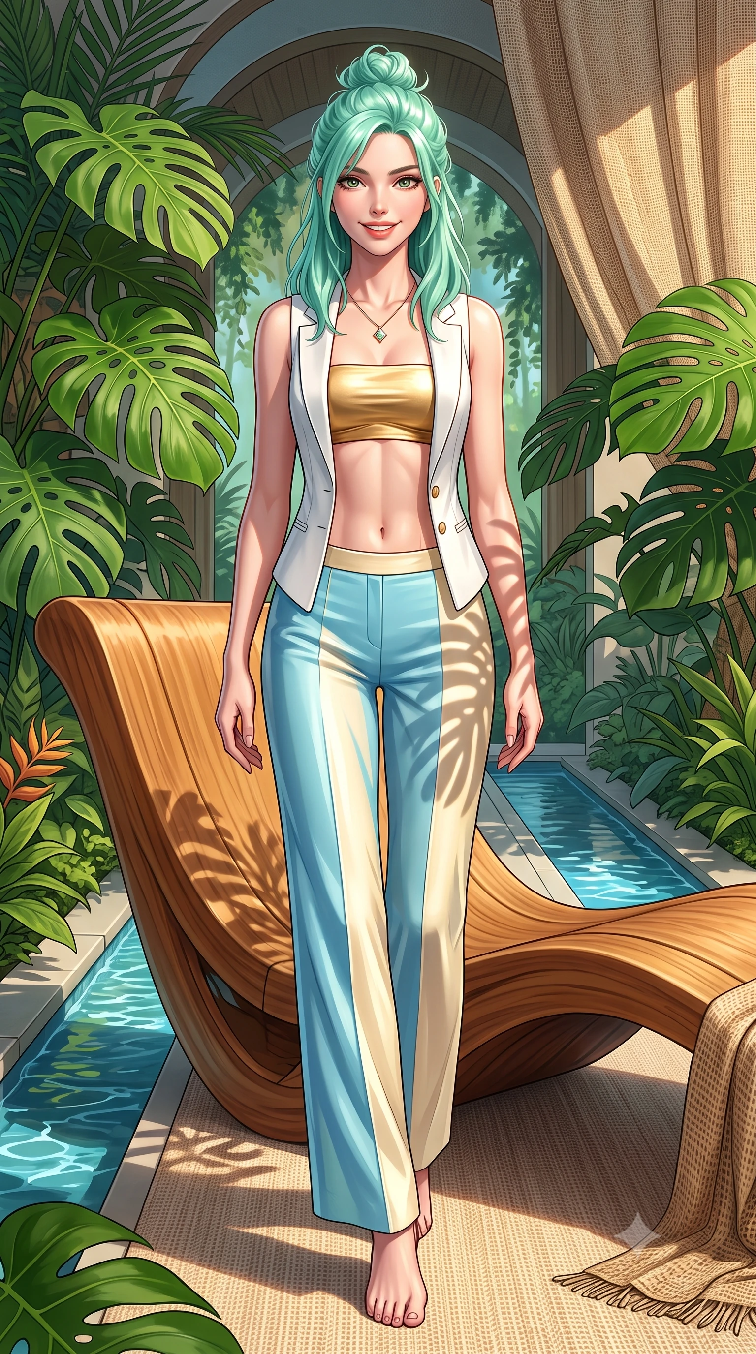 score_9, masterpiece, best quality, ultra-detailed, high-budget anime keyframe, semi-realistic 3D game render, editorial fashion photography, tasteful artistic composition, Japanese woman. low angle full-body shot from head to toe showing her feet, filling the entire 9:16 vertical frame with her statuesque presence, stretching her vertical silhouette. striding forward in a proud, dynamic supermodel runway stride, hips swaying in an alluring kinetic rhythm that stretches her silhouette while leaning back against sculpted ergonomic teak furniture surrounded by giant monstera leaves, smiling with radiant warmth. The surrounding environment is rendered in vivid detail and crisp panoramic clarity. detailed architectural greenery, flowing water channels, and fabric textures in crisp panoramic resolution. She has an absolutely perfect, statuesque 8.5-heads proportion, an exceptionally tall and slender model-like female figure with impossibly long slender legs, a toned flat midriff, and an ultra-slim waist. sharp v-shaped jawline, high-bridge nose, intricate jewel-like eyes with depth, thick eyelashes, glossy parted lips with a natural sheen, intensely captivating and seductive expression, flawlessly proportioned anatomical accuracy, strict slender model proportions, natural body alignment, perfectly sculpted long slender limbs, ultra-slim waistline, clean dynamic posture without body distortion. wearing a tailored white solar-fiber tuxedo vest worn open over a metallic gold bandeau top and wide slacks in sky azure and soft sunlight cream, woven from fine organic mulberry silk with metallic gold thread, complemented by a dainty solar crystal pendant resting near her collarbone, the lightweight liquid-knit fabric adhering like a second skin to her slender frame, highlighting her effortless sun-kissed charm. illuminated by organic stencil shadows from tropical leaves tracing her sculpted torso and legs. highly saturated vibrant anime colors, detailed shading with soft gradients, rich glossy textures, high-contrast stereoscopic depth, volumetric dynamic lighting, master piece, 9:16 ratio