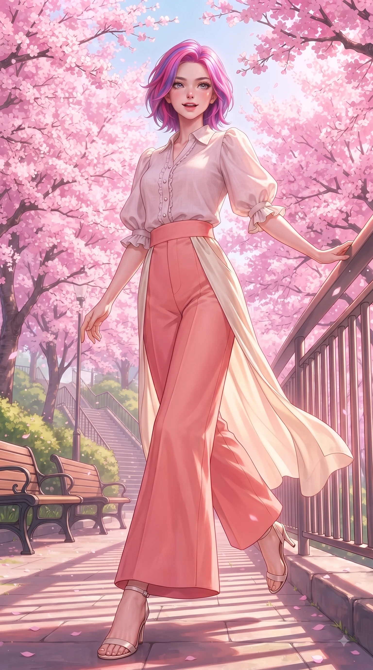 score_9, masterpiece, best quality, ultra-detailed, high-budget anime keyframe, editorial fashion photography, tasteful artistic composition, Caucasian woman. low angle full-body shot from head to toe showing her feet, filling the entire 9:16 vertical frame with her statuesque presence, stretching her vertical silhouette. stepping forward gracefully in mid-motion with a delighted cute expression, displaying her statuesque model proportions while leaning gracefully against a sunlit park railing framed by vibrant pink flower canopies. The surrounding environment is rendered in vivid detail and crisp panoramic clarity. delicate cherry blossom petal clusters, wooden park benches, and historic hill paths in crisp detail. She has an absolutely perfect, statuesque 8.5-heads proportion, an exceptionally tall and slender model-like female figure with impossibly long slender legs and an ultra-slim waist. sharp v-shaped jawline, high-bridge nose, intricate jewel-like eyes with depth, thick eyelashes, glossy lips with a natural sheen, flawlessly proportioned anatomical accuracy, natural body alignment, perfectly sculpted elegant limbs, clean dynamic posture without body distortion. wearing an elegant pastel linen blouse with puff sleeves and high-waisted wide-leg trousers in warm coral pink and champagne ivory, made of fine lightweight chiffon that flutters gently in the breeze, finished with subtle ruffle trims and delicate pearl buttons, the chic real-way fashion cut emphasizing her effortless charm. illuminated by soft glowing pink ambient light and clear sky refractions. ultra-reflective glossy finish, specular highlights, metallic sheen, high-contrast stereoscopic depth, volumetric dynamic lighting, 2k, ultra detail, master piece, 9:16 ratio