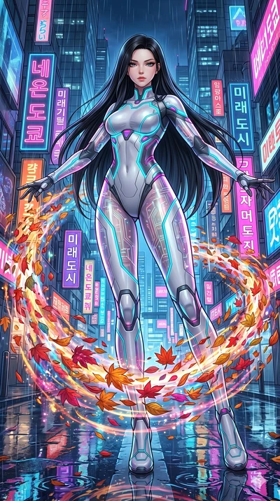 score_9, masterpiece, best quality, ultra-detailed, High-budget Anime Keyframe, beautiful Korean anime girl. Low angle cowboy shot filling the entire 9:16 frame with her statuesque presence. Summoning a vortex of colorful leaves in a futuristic Tokyo