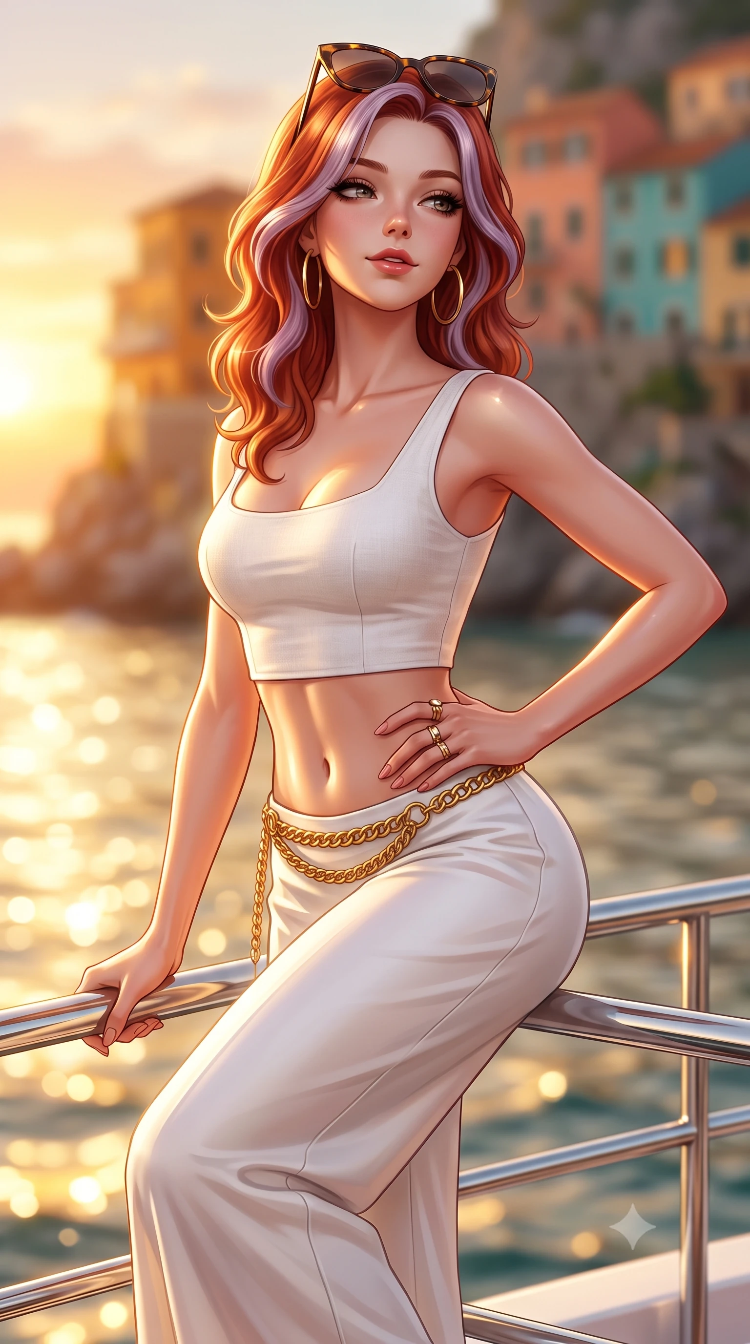 score_9, masterpiece, best quality, ultra-detailed, high-budget anime keyframe, semi-realistic 3D game render, editorial fashion photography, tasteful artistic composition, Caucasian woman. close-up cowboy shot from the waist and thighs up, the character dominates the composition, filling the frame with her large presence. tilting her chin up with proud, sovereign allure while gazing through thick eyelashes, one hand resting on her waist in pure supermodel charisma while perching on the chrome stern railing of a luxury superyacht with hips angled toward the sunset, looking back over her shoulder with an intoxicating smile. The composition keeps background elements in soft focus with creamy bokeh. glittering golden Mediterranean waves and distant coastal cliff villas blurred into molten amber, peach, and turquoise bokeh. She has an exceptionally elegant, slender, and willowy female figure with an ultra-slim waist, a gracefully sculpted slender torso, toned flat midriff, and rounded feminine hips creating an alluring hourglass silhouette. sharp v-shaped jawline, high-bridge nose, intricate jewel-like eyes with depth, thick eyelashes, glossy parted lips with a natural sheen, intensely captivating and seductive bedroom-eyes expression, flawlessly proportioned anatomical accuracy, strict slender model proportions, natural body alignment, perfectly sculpted long slender limbs, ultra-slim waistline, clean dynamic posture without body distortion. wearing a tailored white linen crop top paired with low-slung flowing silk palazzo pants and a gold chain belt in pristine resort white and polished brass gold, woven from fine organic mulberry silk with metallic gold thread, accessorized with oversized designer tortoiseshell sunglasses and gold hoop earrings, the liquid-tight tailored fabric clinging flawlessly to her narrow waist and rounded feminine hips, emphasizing every millimeter of her sculpted hourglass curves during movement. illuminated by glowing specular sun glints defining her sculpted collarbones, ultra-slim waist, and curvy hips. highly saturated vibrant anime colors, detailed shading with soft gradients, rich glossy textures, high-contrast stereoscopic depth, volumetric dynamic lighting, master piece, 9:16 ratio
