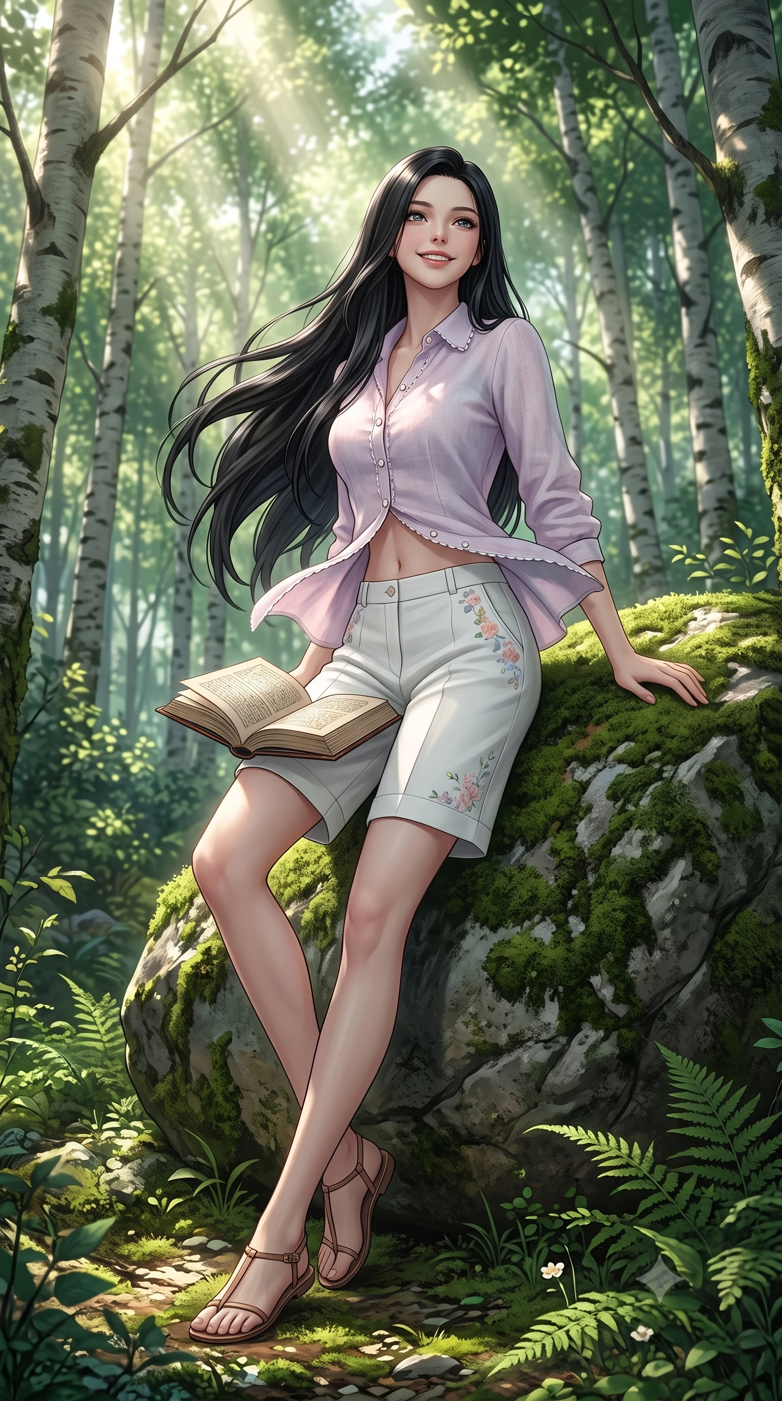 score_9, masterpiece, best quality, ultra-detailed, high-budget anime keyframe, semi-realistic 3D game render, editorial fashion photography, tasteful artistic composition, Korean woman. low angle full-body shot from head to toe showing her feet, filling the entire 9:16 vertical frame with her statuesque presence, stretching her vertical silhouette. pivoting dynamically with a fresh infectious smile, her ultra-slim waist and long slender legs creating a fluid graceful line while leaning against a mossy forest boulder with a book in her lap, looking up with a gentle, enchanting expression. The surrounding environment is rendered in vivid detail and crisp panoramic clarity. intricate woodland chiaroscuro and pristine natural forest ecosystems captured with precision. She has an absolutely perfect, statuesque 8.5-heads proportion, an exceptionally tall and slender model-like female figure with impossibly long slender legs, a toned flat midriff, and an ultra-slim waist. sharp v-shaped jawline, high-bridge nose, intricate jewel-like eyes with depth, thick eyelashes, glossy lips with a natural sheen, pure and lovely fresh girlhood expression, flawlessly proportioned anatomical accuracy, strict slender model proportions, natural body alignment, perfectly sculpted long slender limbs, ultra-slim waistline, clean dynamic posture without body distortion. wearing a lightweight pastel linen button-down shirt paired with tailored high-rise white Bermuda shorts in fresh alpine white with subtle pastel floral accents, crafted from soft breathable linen that flutters gently in the breeze, finished with delicate scallop trims and tiny pearl buttons, the soft airy drape swaying gracefully with her dynamic movements, emphasizing her tall willowy build and slim waistline. bathed in heavenly volumetric sunbeams piercing through the dense birch canopy. highly saturated vibrant anime colors, detailed shading with soft gradients, rich glossy textures, high-contrast stereoscopic depth, volumetric dynamic lighting, master piece, 9:16 ratio
