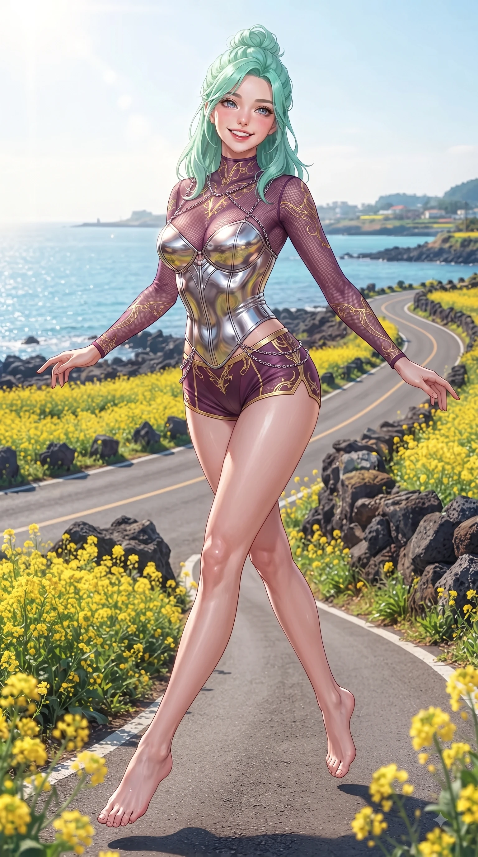 score_9, masterpiece, best quality, ultra-detailed, high-budget anime keyframe, editorial fashion photography, tasteful artistic composition, Japanese woman. low angle full-body shot from head to toe showing her feet, filling the entire 9:16 vertical frame with her statuesque presence, stretching her vertical silhouette. performing a cheerful mid-air rotation with flawless poise, her radiant smile capturing fresh college girlhood energy while walking cheerfully along a Jeju island coastal road flanked by yellow canola flower fields, blooming yellow canola flowers and dark volcanic basalt rocks contrasting with azure sea. She has an absolutely perfect, statuesque 8.5-heads proportion, an exceptionally tall and slender model-like female figure with impossibly long slender legs and an ultra-slim waist. sharp v-shaped jawline, high-bridge nose, intricate jewel-like eyes with depth, thick eyelashes, glossy lips with a natural sheen, flawlessly proportioned anatomical accuracy, natural body alignment, perfectly sculpted elegant limbs, clean dynamic posture without body distortion. wearing a chrome-plated structured bodice worn over a sheer mesh top and micro-shorts in plum purple and gold filigree, formed from sleek second-skin neoprene, adorned with delicate metallic chain straps along the neckline, the tailored fabric tightly following every curve of her athletic build. surrounded by a fresh, sun-drenched, and relaxing vacation atmosphere. ultra-reflective glossy finish, specular highlights, metallic sheen, high-contrast stereoscopic depth, volumetric dynamic lighting, 2k, ultra detail, master piece, 9:16 ratio