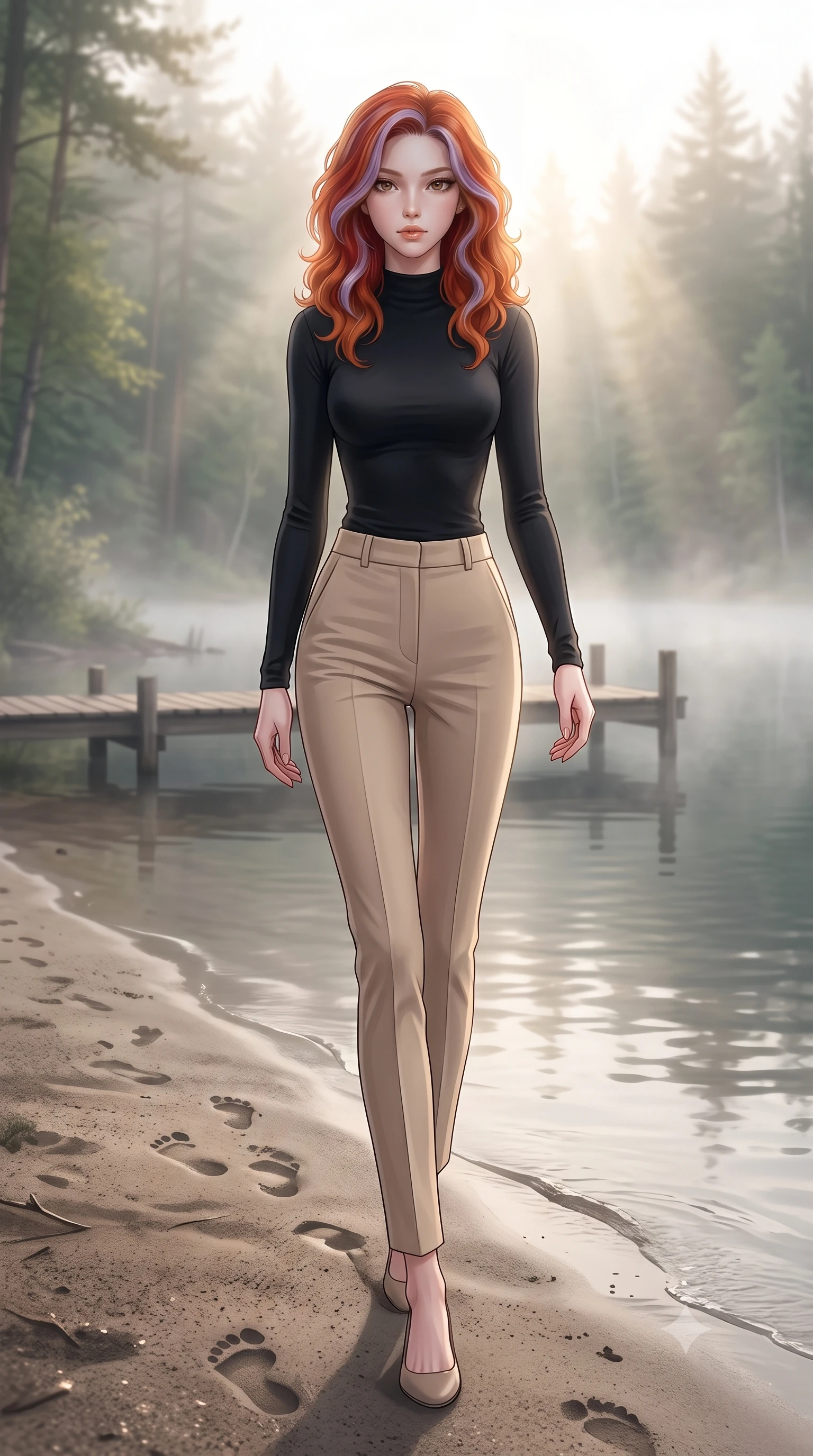 score_9, masterpiece, best quality, ultra-detailed, high-budget anime keyframe, editorial fashion photography, tasteful artistic composition, Caucasian woman woman. low angle full-body shot from head to toe showing her feet, filling the entire 9:16 vertical frame with her statuesque presence, stretching her vertical silhouette. walking slowly along the shoreline, leaving footprints in the wet sand the background shows a soft-focus a wooden dock on a calm forest lake shrouded in soft morning mist. She has an absolutely perfect, statuesque 8.5-heads proportion, an exceptionally tall and slender model-like female figure with impossibly long slender legs and an ultra-slim waist. sharp v-shaped jawline, high-bridge nose, intricate jewel-like eyes with depth, thick eyelashes, glossy lips with a natural sheen. wearing a form-contouring body-hugging long-sleeve mock-neck top in black, tucked into tailored high-waisted beige trousers. soft morning sunrays breaking through the lake fog, creating a dreamy glow. 2k, ultra detail, master piece, 9:16 ratio
