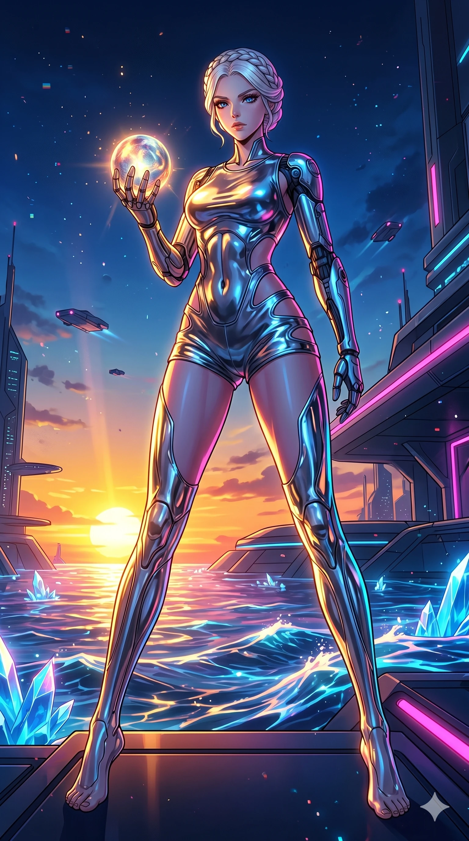 score_9, masterpiece, best quality, ultra-detailed, High-budget Anime Keyframe, vibrant colors, fluid line-art, expressive lighting, cinematic composition, Ufotable-style visual effects, top-tier animation quality, Caucasian woman with pale skin, blonde hair, and (strictly human ears). Wide-angle low shot emphasizing her impossibly long slender legs and commanding stature. Holding a glowing ancient orb that reveals a flickering vision of the future, its light illuminating her determined face. She has an absolutely perfect 8-heads proportion, an exceptionally tall and slender female figure with impossibly long slender legs and an ultra-slim waist, her statuesque height and towering silhouette dominating the vertical 9:16 frame. Her face is a masterpiece featuring a sharp v-shaped jawline, high-bridge nose, intricate jewel-like eyes with depth, thick eyelashes, and glossy lips with a natural sheen. She is wearing a Cyber-augmented streetwear featuring mechanical arm parts and a micro-shorts/harness combo crafted from Molten liquid mercury that flows and reflects the environment with metallic perfection, featuring strategic side cut-outs that emphasize her ultra-slim waist and hips. The scene is set in a vibrant sunset over a futuristic crystalline ocean with waves made of liquid light, illuminated by harsh neon light and deep shadows creating a high-contrast noir aesthetic. 2k, ultra detail, master piece, 9:16 ratio