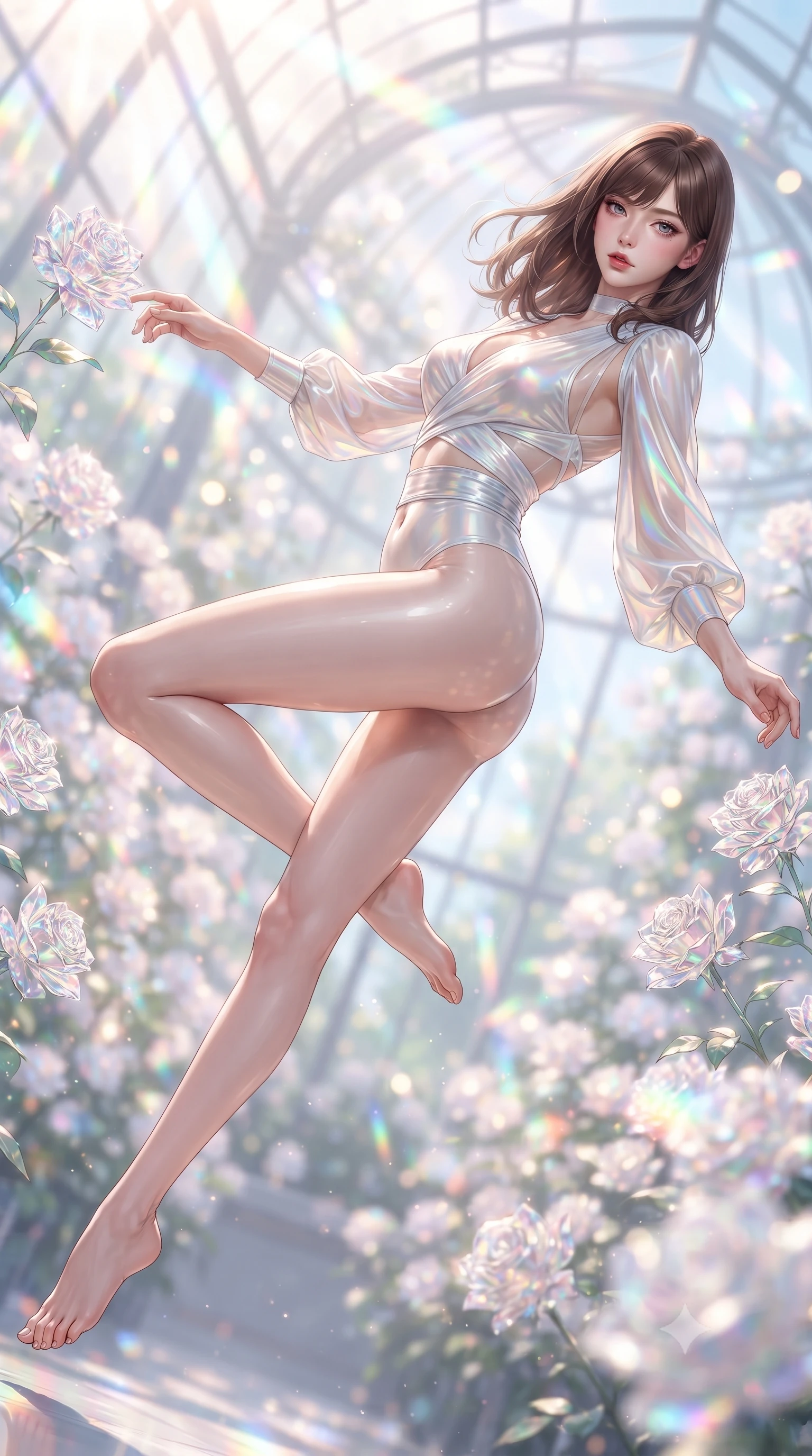 score_9, masterpiece, best quality, ultra-detailed, high-budget anime keyframe, editorial fashion photography, tasteful artistic composition, Korean woman. low angle full-body shot from head to toe showing her feet, filling the entire 9:16 vertical frame with her statuesque presence, stretching her vertical silhouette. performing an alluring mid-air vault with flawless poise, looking directly into the camera with smoldering intensity while reclining gracefully amidst blooming crystal glass roses in a soaring glass greenhouse as morning sunbeams create rainbow prisms. The composition keeps background elements in soft focus with creamy bokeh. blooming crystal roses and rainbow spectrum light beams blurred into dazzling, radiant pastel bokeh. She has an absolutely perfect, statuesque 8.5-heads proportion, an exceptionally tall and slender model-like female figure with impossibly long slender legs, a toned flat midriff, and an ultra-slim waist. sharp v-shaped jawline, high-bridge nose, intricate jewel-like eyes with depth, thick eyelashes, glossy lips with a natural sheen, flawlessly proportioned anatomical accuracy, strict slender model proportions, natural body alignment, perfectly sculpted long slender limbs, ultra-slim waistline, clean dynamic posture without body distortion. wearing a shortened cyber-fusion wrap top with transparent chiffon panels, a deep crossover neckline, and a high-waisted metallic sash that accentuates her ultra-slim waist in glistening liquid pearl white with rainbow opalescence, crafted from ultra-reflective second-skin latex with a high-gloss glass-like polish, complemented by criss-cross back straps highlighting her completely bare spine, the glove-like aerodynamic second-skin fit tightly clinging to her ultra-slender waist and athletic curves without adding bulk, accentuating her razor-sharp statuesque lines and slim hourglass silhouette. surrounded by a pure, romantic, and breathtakingly alluring floral sanctuary atmosphere. ultra-reflective glossy finish, specular highlights, metallic sheen, high-contrast stereoscopic depth, volumetric dynamic lighting, 2k, ultra detail, master piece, 9:16 ratio