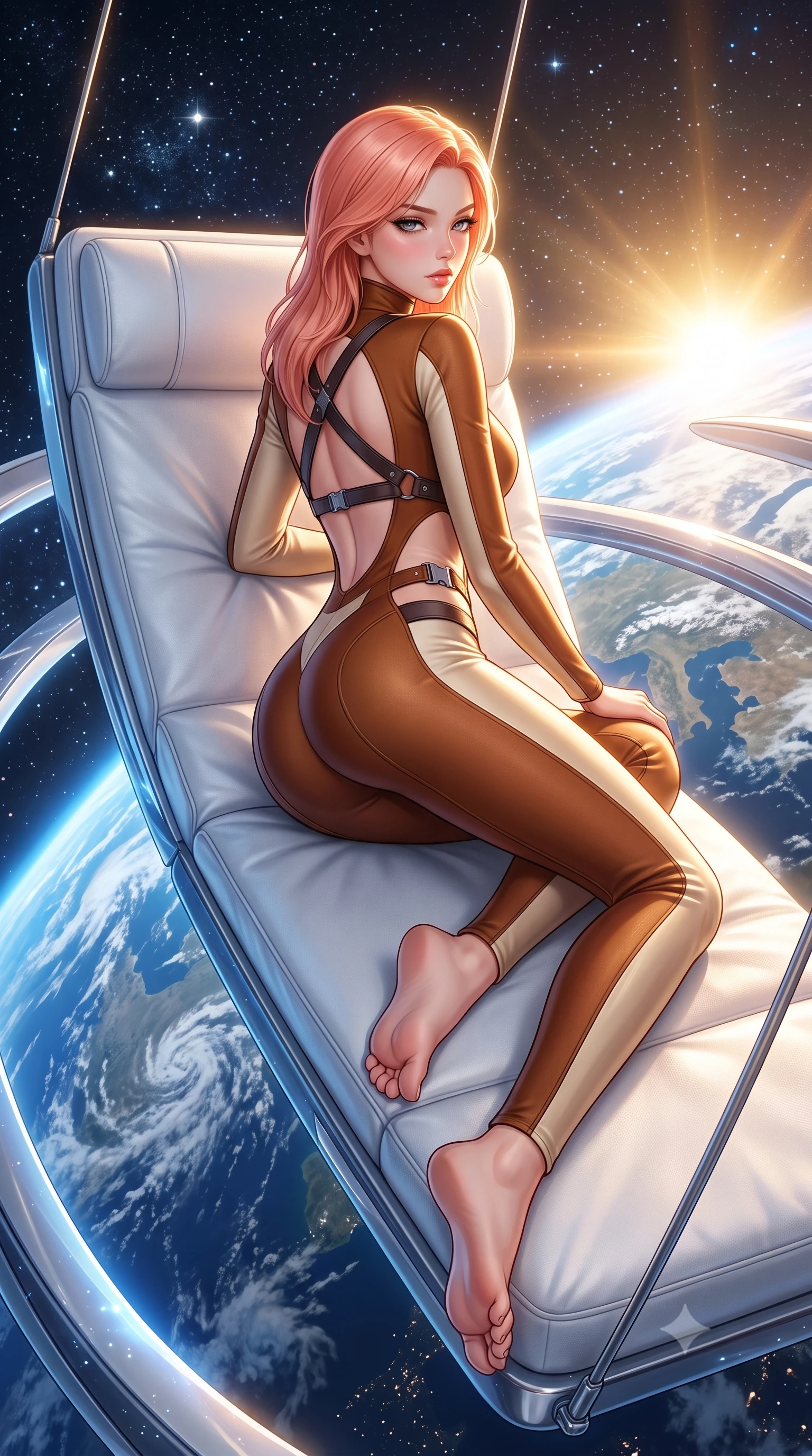 score_9, masterpiece, best quality, ultra-detailed, high-budget anime keyframe, semi-realistic 3D game render, editorial fashion photography, tasteful artistic composition, Japanese woman. low angle full-body shot from head to toe showing her feet, filling the entire 9:16 vertical frame with her statuesque presence, stretching her vertical silhouette. posing with back turned slightly to the lens, glancing back with smoldering allure as she arches her lower back to emphasize her sculpted feminine hips and slender waist while reclining on a suspended zero-gravity white leather daybed with one knee drawn up, looking back over her bare shoulder with celestial bedroom-eyes. The surrounding environment is rendered in vivid detail and crisp panoramic clarity. detailed aerodynamic space fabric sheen, Earth cloud filament clarity, and starlight reflections in high resolution. She has an exceptionally tall and slender model-like 8.5-heads proportion, an ultra-slim waist, a flat toned midriff, narrow delicate ribcage, and beautifully sculpted feminine hips creating a graceful, slim hourglass silhouette without any bulky heaviness, with impossibly long slender legs. sharp v-shaped jawline, high-bridge nose, intricate jewel-like eyes with depth, thick eyelashes, glossy parted lips with a natural sheen, intensely captivating and seductive bedroom-eyes expression, flawlessly proportioned anatomical accuracy, strict slender model proportions, natural body alignment, perfectly sculpted long slender limbs, ultra-slim waistline, clean dynamic posture without body distortion. wearing a high-collar speedsuit featuring bold side-torso cutouts and quick-release titanium buckles in rich equestrian cognac brown and crisp champagne cream, tailored from water-resistant treated wool gabardine and flexible stretch silk, featuring an open-back criss-cross harness strap in dark leather, the form-contouring material adhering flawlessly to her sculpted flat midriff and slender torso, emphasizing her long leg lines and perfectly proportioned willowy build. bathed in radiant golden orbital sunrise backlighting and ambient cool blue Earth glow from below. highly saturated vibrant anime colors, detailed shading with soft gradients, rich glossy textures, high-contrast stereoscopic depth, volumetric dynamic lighting, master piece, 9:16 ratio