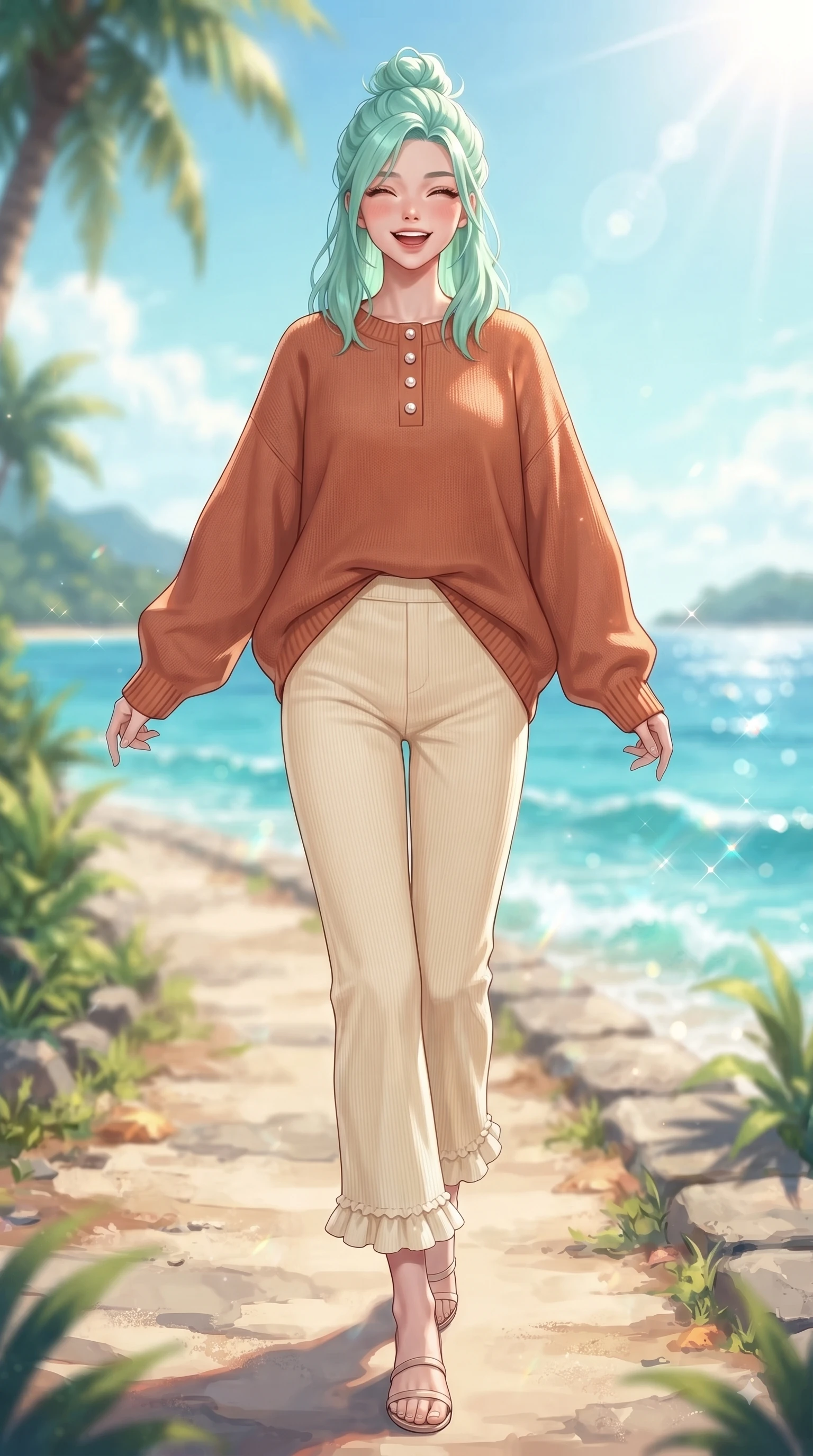 score_9, masterpiece, best quality, ultra-detailed, high-budget anime keyframe, editorial fashion photography, tasteful artistic composition, Japanese woman. low angle full-body shot from head to toe showing her feet, filling the entire 9:16 vertical frame with her statuesque presence, stretching her vertical silhouette. stepping forward gracefully in mid-motion with a delighted cute expression, displaying her statuesque model proportions while taking a stroll along a quiet island seaside path as golden sunlight illuminates her fresh beauty. The composition keeps background elements in soft focus with dreamy bokeh. sparkling turquoise sea waves and distant island horizons blurred into smooth ocean bokeh. She has an absolutely perfect, statuesque 8.5-heads proportion, an exceptionally tall and slender model-like female figure with impossibly long slender legs and an ultra-slim waist. sharp v-shaped jawline, high-bridge nose, intricate jewel-like eyes with depth, thick eyelashes, glossy lips with a natural sheen, flawlessly proportioned anatomical accuracy, natural body alignment, perfectly sculpted elegant limbs, clean dynamic posture without body distortion. wearing an oversized terracotta knit jumper over soft cream corduroy pants in bright butter yellow and fresh cream white, made of comfortable premium stretch denim and soft jersey, finished with subtle ruffle trims and delicate pearl buttons, the soft airy drape swaying gracefully with her dynamic movements. bathed in brilliant tropical sunshine and glittering ocean water refractions. ultra-reflective glossy finish, specular highlights, metallic sheen, high-contrast stereoscopic depth, volumetric dynamic lighting, 2k, ultra detail, master piece, 9:16 ratio