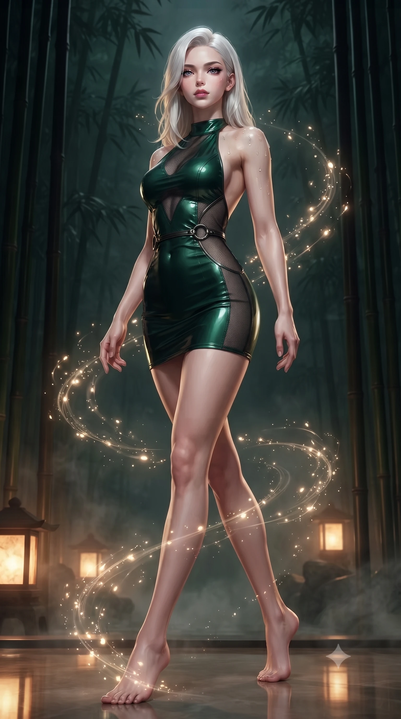 score_9, masterpiece, best quality, ultra-detailed, high-budget anime keyframe, editorial fashion photography, tasteful artistic composition, Caucasian woman. low angle full-body shot from head to toe showing her feet, filling the entire 9:16 vertical frame with her statuesque presence, stretching her vertical silhouette. interacting with glowing light particles, her long slender legs poised in motion, poised near a misty dark bamboo partition illuminated by warm amber stone lanterns, steaming mineral water dewdrops glistening on her shoulders and clavicle lines. She has an absolutely perfect, statuesque 8.5-heads proportion, an exceptionally tall and slender model-like female figure with impossibly long slender legs and an ultra-slim waist. sharp v-shaped jawline, high-bridge nose, intricate jewel-like eyes with depth, thick eyelashes, glossy lips with a natural sheen. wearing backless liquid vinyl mini slip dress with bare shoulder halter neckline in deep emerald green, made of fine dark contouring mesh, trimmed with dark chrome ring hardware along the waist contours, contouring every curve with an exceptionally elegant silhouette. bathed in soft thermal steam rays creating ethereal gradient shading. ultra-reflective glossy finish, specular highlights, metallic sheen, high-contrast stereoscopic depth, volumetric dynamic lighting, 2k, ultra detail, master piece, 9:16 ratio