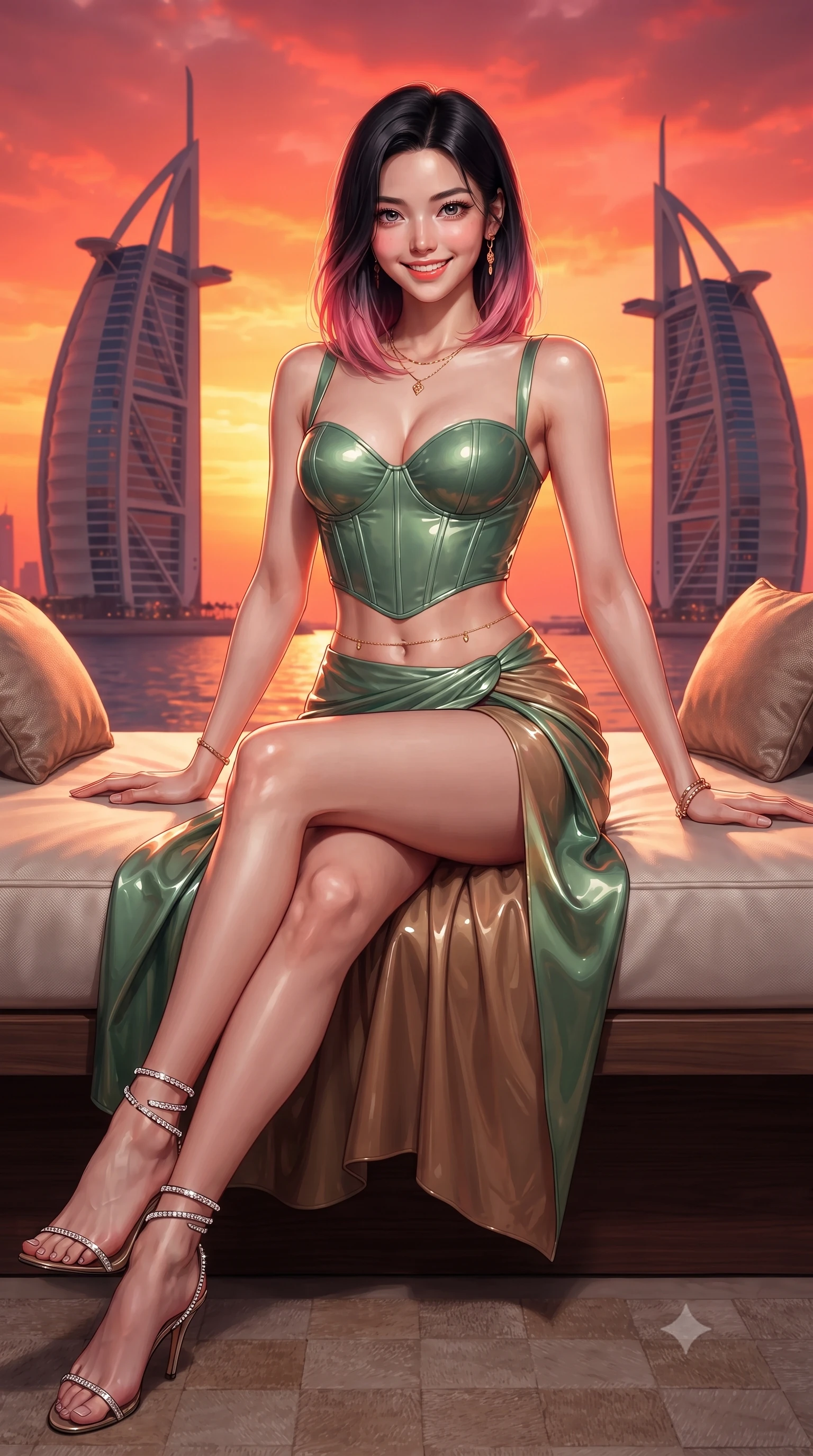 score_9, masterpiece, best quality, ultra-detailed, high-budget anime keyframe, editorial fashion photography, tasteful artistic composition, Korean woman. low angle full-body shot from head to toe showing her feet, filling the entire 9:16 vertical frame with her statuesque presence, stretching her vertical silhouette. lounging on the lavish daybed with legs crossed and hips angled toward the camera, displaying her toned midriff and long slender limbs with effortless siren poise while twisting her slender torso in an alluring contrapposto stance, crimson sunset and sapphire water caustics wrapping around her flat midriff and hips. The surrounding environment is rendered in vivid detail and crisp panoramic clarity: detailed liquid gold chainmail halter top shine, gold belly chain glint, and iconic sail-shaped skyscraper architecture in razor-sharp precision. She has an exceptionally tall and slender model-like 8.5-heads proportion, an ultra-slim waist, a flat toned midriff, narrow delicate ribcage, and beautifully sculpted feminine hips creating a graceful, slim hourglass silhouette without any bulky heaviness, with impossibly long slender legs. sharp v-shaped jawline, high-bridge nose, intricate jewel-like sparkling eyes with depth, thick eyelashes, glossy parted lips with a natural peach sheen, bright cheerful beaming smile with an enchanting and coquettish sensual glint, exuding both youthful cute charm and seductive allure, flawlessly proportioned anatomical accuracy, strict slender model proportions, natural body alignment, perfectly sculpted long slender limbs, ultra-slim waistline, clean dynamic posture without body distortion. wearing a sculpted sweetheart-neckline boned corset top paired with an asymmetric draped wrap skirt with daring leg opening in Hakone bamboo jade green and warm hinoki cedar, crafted from wet-look high-gloss vinyl fabric with dazzling specular surface reflections, complemented by strappy stiletto sandals with crystal ankle wraps accentuating her slender calves, the glove-like clinging cut tightly following the natural contour of her hips and long slender legs with youthful 8.5-heads elegance. bathed in the blinding, saturated scarlet and orange sunset radiance of the Arabian desert sky. ultra-reflective glossy finish, specular highlights, rich textural contrasts, high-contrast stereoscopic depth, volumetric dynamic lighting, 2k, ultra detail, master piece, 9:16 ratio