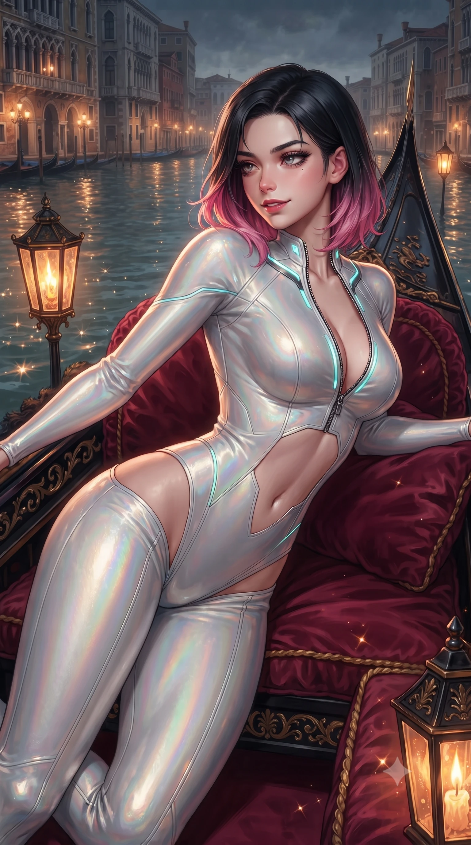 score_9, masterpiece, best quality, ultra-detailed, high-budget anime keyframe, editorial fashion photography, tasteful artistic composition, Korean woman. close-up cowboy shot from the waist and thighs up, the character dominates the composition, filling the frame with her large presence. stretching forward with an alluring arch of her spine, glancing over her shoulder with thick eyelashes and a smoldering half-smile while reclining seductively across crimson velvet cushions on an ornate black and gold gondola gliding along Venice's Grand Canal. The surrounding environment is rendered in vivid detail and crisp panoramic clarity. rich Venetian chiaroscuro and romantic European historic luxury rendered in panoramic precision. She has an exceptionally elegant, slender, and willowy female figure with an ultra-slim waist, a gracefully sculpted slender torso, toned flat midriff, and a refined slim silhouette. sharp v-shaped jawline, high-bridge nose, intricate jewel-like eyes with depth, thick eyelashes, glossy lips with a natural sheen, flawlessly proportioned anatomical accuracy, strict slender model proportions, natural body alignment, perfectly sculpted long slender limbs, ultra-slim waistline, clean dynamic posture without body distortion. wearing a skin-tight cybernetic bodysuit with glowing neon seams, deep hip cutouts, and an aerodynamic athletic fit in glistening liquid pearl white with rainbow opalescence, made of liquid metal jersey that clings flawlessly to every contour of her build, featuring a dangerously unzipped neckline framed by glowing cybernetic accents, the precision-cut daring openings accentuating her delicate midriff, graceful bare collarbones, and ultra-slim feminine waistline. bathed in warm glowing Murano lantern light and sparkling canal water surface reflections. ultra-reflective glossy finish, specular highlights, metallic sheen, high-contrast stereoscopic depth, volumetric dynamic lighting, 2k, ultra detail, master piece, 9:16 ratio
