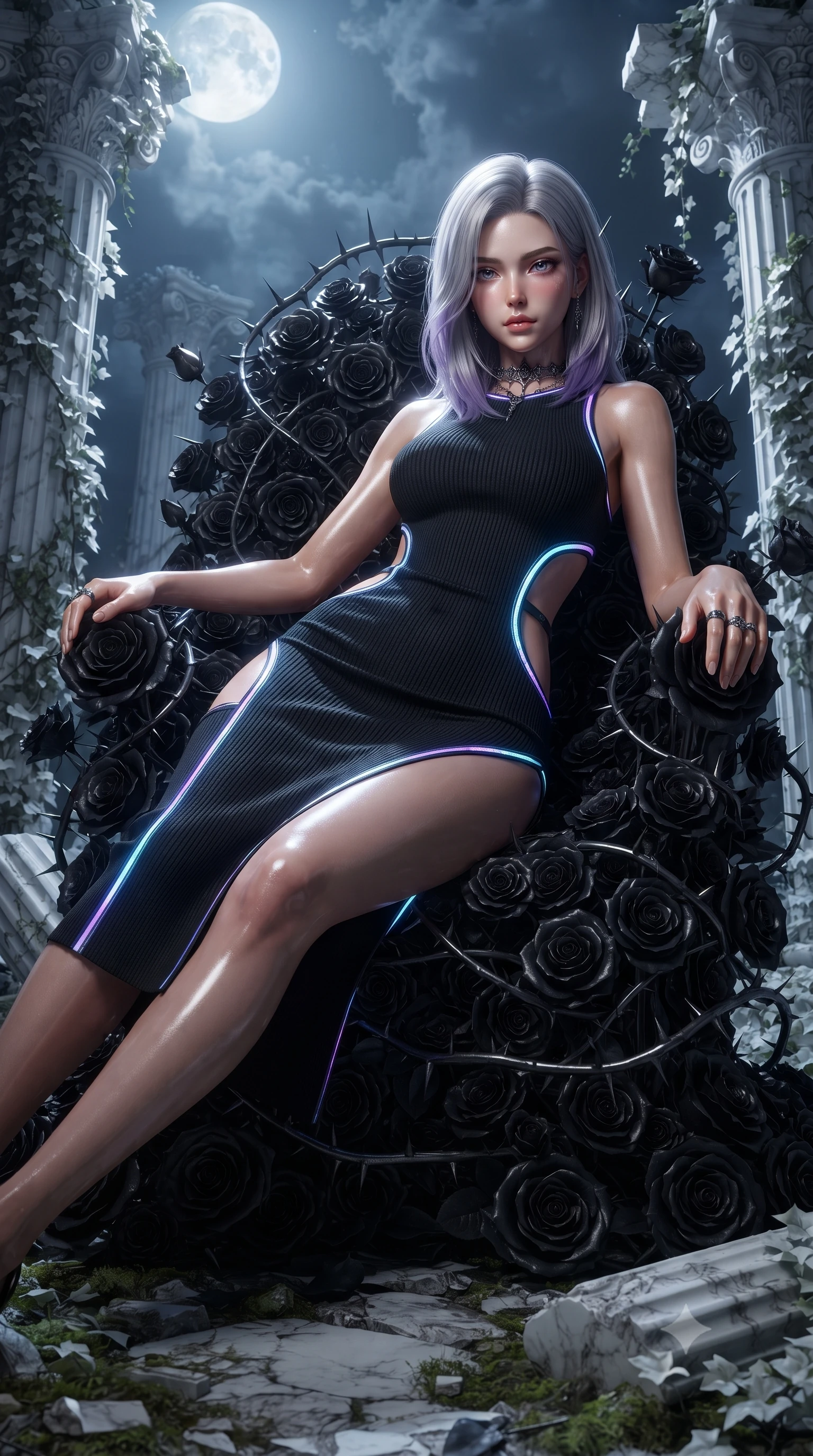 score_9, masterpiece, best quality, ultra-detailed, High-budget Anime Keyframe, editorial fashion photography, tasteful artistic composition, realistic cosplay photography, Caucasian woman, strictly human ears. Low angle cowboy shot filling the entire 9:16 frame with her statuesque presence. Scenario 325: resting on a throne of black roses, thorns grazing her skin, in a moonlit ancient temple with collapsing marble pillars and white ivy. Her presence is magnetic and overpowering in this high-budget cinematic scene. Outfit 325: a form-contouring ribbed bodycon knit garter with a strategic side cut-outs and glowing LED seams. The clothing is designed to emphasize her exceptionally tall and slender 8-heads proportion. 8-heads proportion, towering silhouette, ultra-slim waist. sharp v-shaped jawline, intricate jewel-like eyes with depth, thick eyelashes, glossy lips. ultra-reflective glossy finish, specular highlights, metallic sheen, high-contrast stereoscopic depth, volumetric dynamic lighting, 2k, ultra detail, master piece, 9:16 ratio