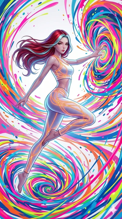 score_9, masterpiece, best quality, ultra-detailed, high-budget anime keyframe, Korean woman. upper body close-up from the thighs up, character filling the screen for maximum presence. leaping into a vorticist paint splatter dimension where thousands