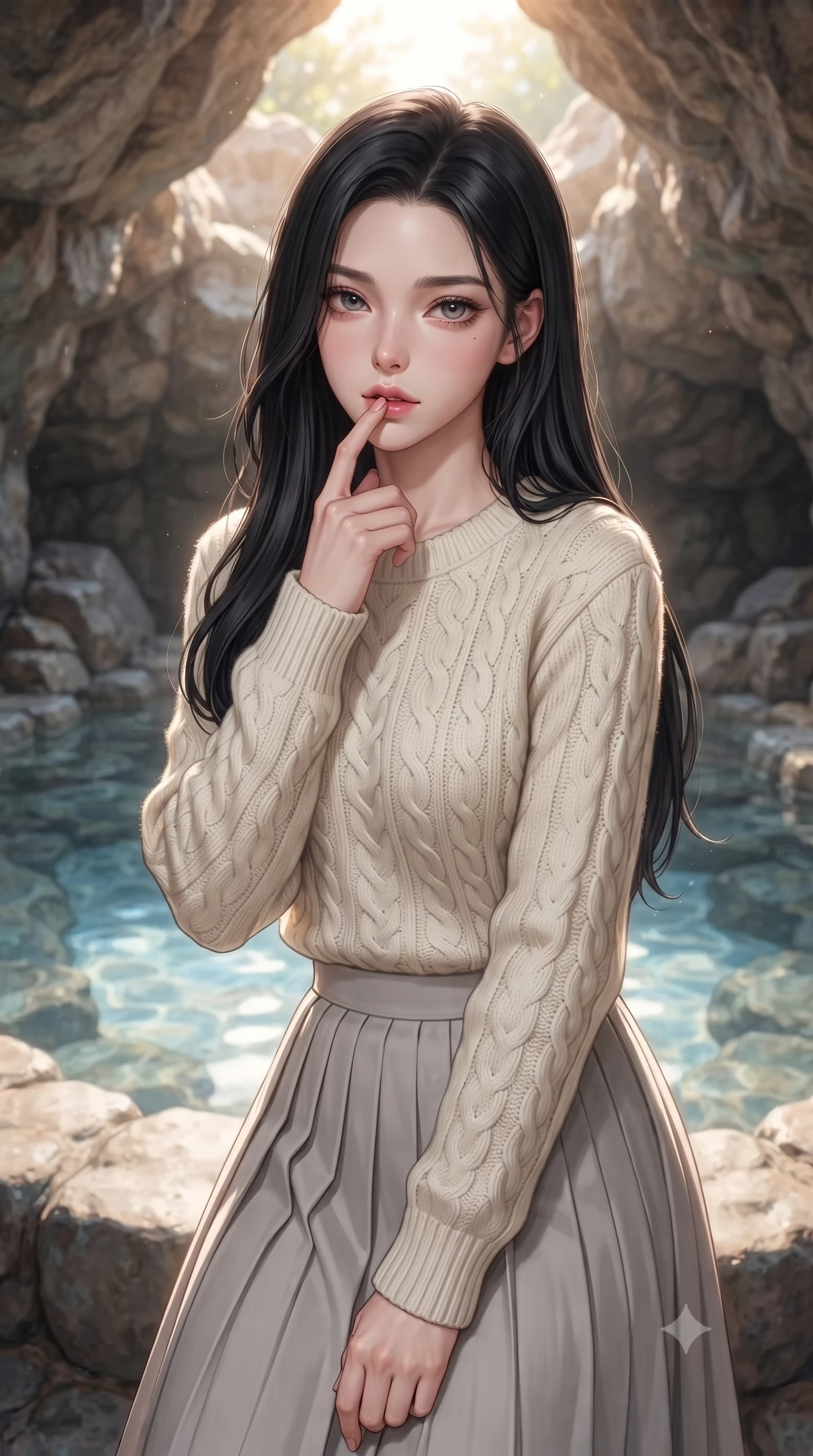score_9, masterpiece, best quality, ultra-detailed, high-budget anime keyframe, editorial fashion photography, tasteful artistic composition, Korean woman woman. close-up cowboy shot from the waist and thighs up, the character dominates the composition, filling the frame with her large presence, background elements kept in soft focus. pressing one finger to her bottom lip in a thoughtful, seductive gesture under the warm sun the background shows a soft-focus a private stone bath pool built inside a natural rock cave with clear mineral water. She has an exceptionally elegant, slender, and willowy female figure with an ultra-slim waist, a gracefully sculpted slender torso, and a refined silhouette. sharp v-shaped jawline, high-bridge nose, intricate jewel-like eyes with depth, thick eyelashes, glossy lips with a natural sheen. wearing a form-contouring cozy cable-knit knit sweater in ivory wool, paired with a pleated light grey midi skirt. soft blue light reflecting from the pool water onto the rocky cave ceiling. ultra-reflective glossy finish, specular highlights, metallic sheen, high-contrast stereoscopic depth, volumetric dynamic lighting, 2k, ultra detail, master piece, 9:16 ratio