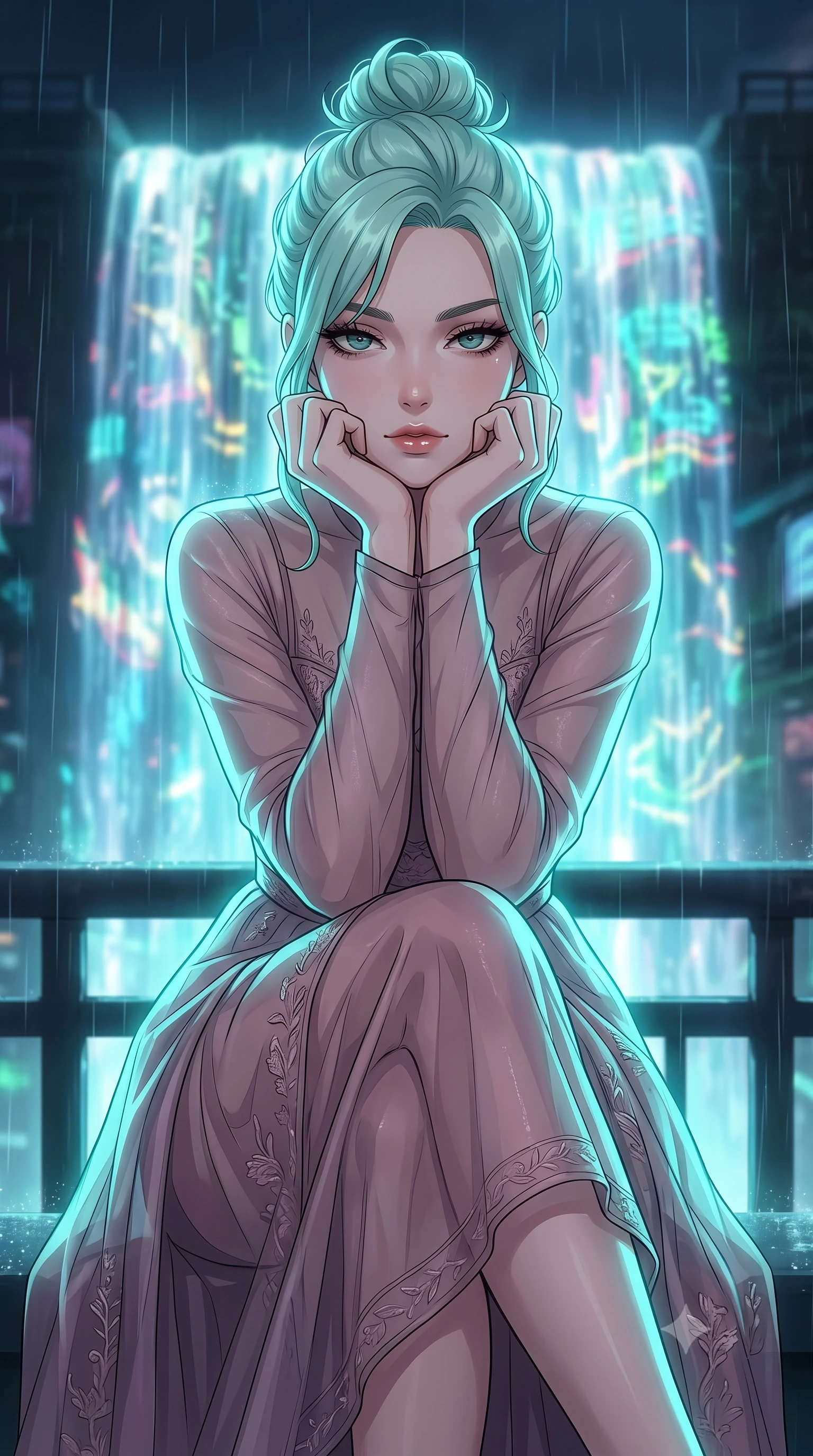 score_9, masterpiece, best quality, ultra-detailed, high-budget anime keyframe, tasteful artistic composition, Japanese woman. close-up cowboy shot from the waist and thighs up, the character dominates the composition, filling the frame with her large presence, background elements kept in soft focus. resting her chin on the backs of her fingers, casting a heavy-lidded, sultry look past the camera the background shows a soft-focus a rain-swept bridge overlook facing a massive holographic waterfall advertisement. She has an exceptionally elegant, slender, and willowy female figure with an ultra-slim waist, a gracefully sculpted slender torso, and a refined silhouette. sharp v-shaped jawline, high-bridge nose, intricate jewel-like eyes with depth, thick eyelashes, glossy lips with a natural sheen. wearing a tailored sheer organza dress in dusty mauve, showing her slender torso and willowy silhouette. shimmering turquoise light wrapping her silhouette in a cool glowing wash. highly saturated vibrant anime colors, cel-shading, 2d style, master piece, 9:16 ratio