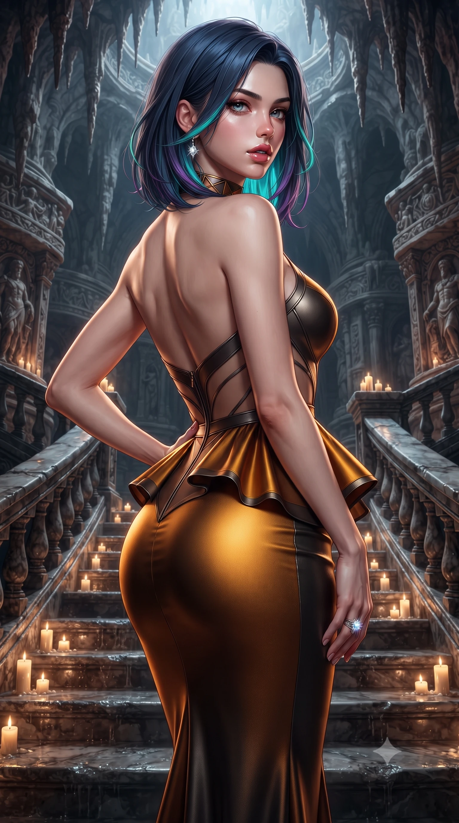 score_9, masterpiece, best quality, ultra-detailed, high-budget anime keyframe, editorial fashion photography, tasteful artistic composition, Caucasian woman. close-up cowboy shot from the waist and thighs up, the character dominates the composition, filling the frame with her large presence. posing in an alluring rear three-quarter angle, arching her lower back in a pronounced S-curve with one hand on her hip, glancing seductively over her bare shoulder with parted glossy lips while gliding down the candlelit marble cavern steps with sovereign grace, her liquid dark drapery clinging seamlessly to her slender model waist. The surrounding environment is rendered in vivid detail and crisp panoramic clarity. intense theatrical chiaroscuro and decadent gothic romance aesthetics rendered with precision. She has an exceptionally elegant, slender, and willowy female figure with an ultra-slim waist, flat toned midriff, narrow ribcage, and sculpted feminine hips creating an alluring, slim hourglass silhouette without bulk. sharp v-shaped jawline, high-bridge nose, intricate jewel-like eyes with depth, thick eyelashes, glossy parted lips with a natural sheen, intensely captivating and seductive bedroom-eyes expression, flawlessly proportioned anatomical accuracy, strict slender model proportions, natural body alignment, perfectly sculpted long slender limbs, ultra-slim waistline, clean dynamic posture without body distortion. wearing a structural geometric peplum gown with sheer side-ribbon cutouts and form-fitting skirt in molten amber-gold and dark gunmetal, tailored from liquid silk jersey adhering flawlessly to her slender build, complemented by a bold geometric choker and sparkling cocktail ring, the form-contouring material adhering flawlessly to her sculpted flat midriff and slender torso, emphasizing her long leg lines and perfectly proportioned willowy build. illuminated by rich specular rim lights defining her razor-sharp jawline, narrow waist, and curvy hips. ultra-reflective glossy finish, specular highlights, rich textural contrasts, high-contrast stereoscopic depth, volumetric dynamic lighting, 2k, ultra detail, master piece, 9:16 ratio