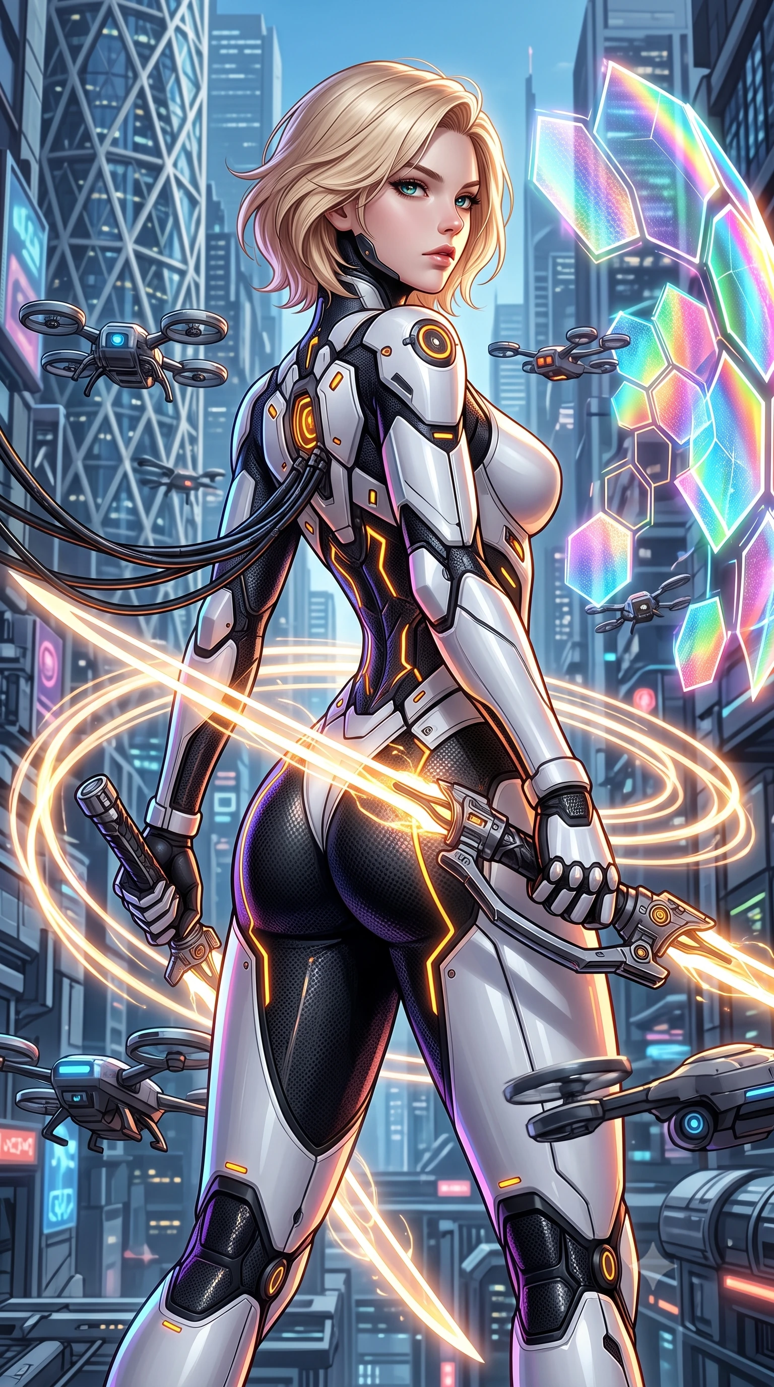 score_9, masterpiece, best quality, ultra-detailed, high-budget anime keyframe, semi-realistic 3D game render, editorial fashion photography, tasteful artistic composition, Caucasian woman. close-up cowboy shot from the waist and thighs up, the character dominates the composition, filling the frame with her large presence. twisting her upper body in a dynamic S-curve combat stance, one hand steadying her weapon with commanding supermodel allure while spinning gracefully in a high-speed combat turn as twin blade energy trails create glowing light rings around her waist. The surrounding environment is rendered in vivid detail and crisp panoramic clarity. intricate hilt power cables, hovering traffic drones, and skyscraper facade lattices in high clarity. She has an exceptionally elegant, slender, and willowy female figure with an ultra-slim waist, a gracefully sculpted slender torso, toned flat midriff, and a refined slim silhouette. sharp v-shaped jawline, high-bridge nose, intricate jewel-like eyes with depth, thick eyelashes, glossy lips with a natural sheen, flawlessly proportioned anatomical accuracy, strict slender model proportions, natural body alignment, perfectly sculpted long slender limbs, ultra-slim waistline, clean dynamic posture without body distortion. wearing a high-contrast monochrome white-and-black carbon-composite exoskeleton suit with glowing amber circuitry, deploying floating hexagonal holographic energy shields with sovereign grace in high-gloss iridescent rainbow carbon with prism holographic sheen, tailored from flexible second-skin carbon-mesh that clings flawlessly to her athletic curves, finished with high-mobility articulation joints and miniature magnetic armor locks, the glove-like aerodynamic second-skin fit tightly clinging to her ultra-slender waist and athletic curves without adding bulk, accentuating her razor-sharp statuesque lines and slim hourglass silhouette. illuminated by sharp specular highlights tracing her ultra-slim waist, long legs, and sculpted armor plates. rich saturated anime colors with glowing neon highlights, detailed shading with soft gradients, rich glossy textures, high-contrast stereoscopic depth, volumetric dynamic lighting, master piece, 9:16 ratio