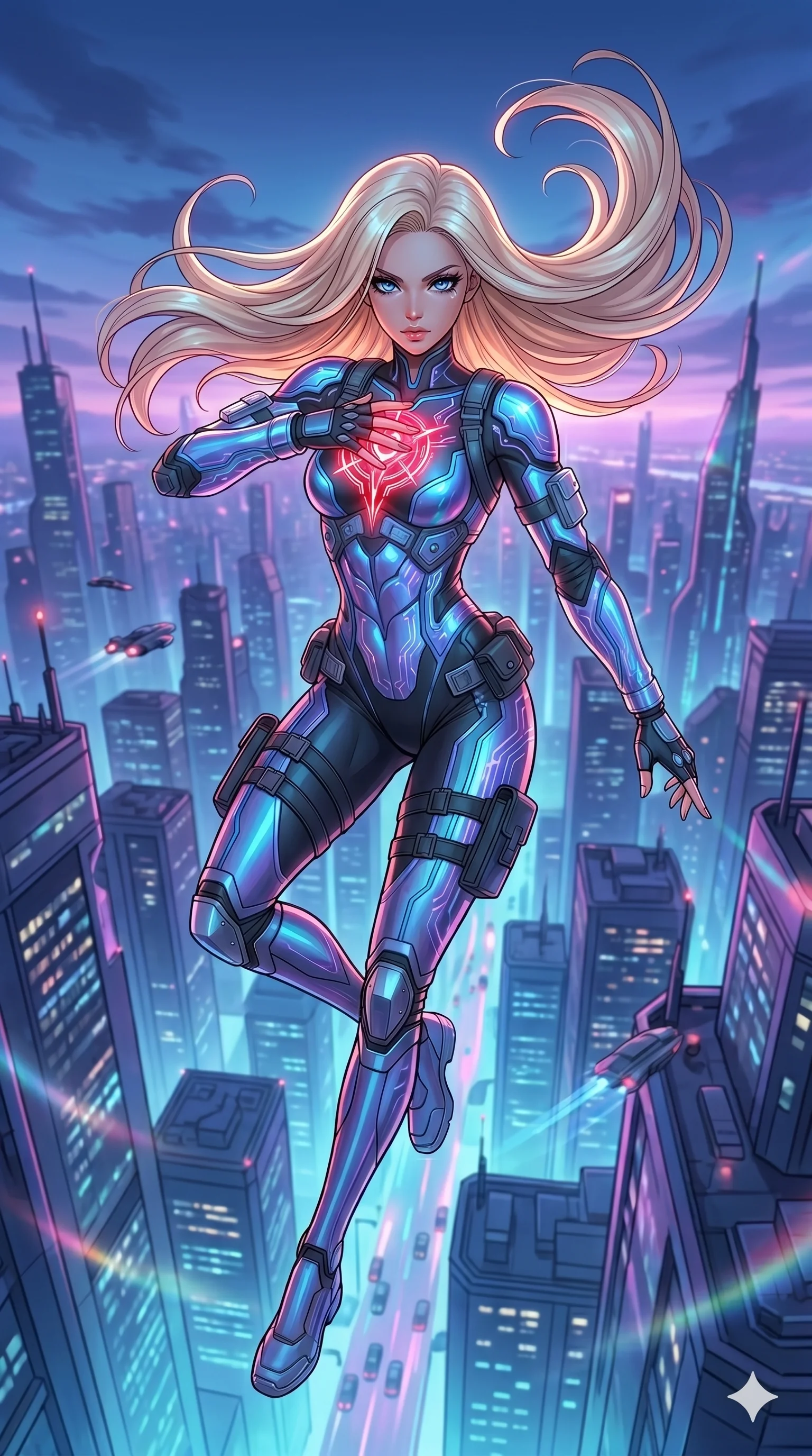 score_9, masterpiece, best quality, ultra-detailed, high-budget anime movie keyframe, cinematic anime lighting, intricate line art, Japanese woman. Mid-air action shot capturing a graceful twist and vertical silhouette. drawing a sigil on her own chest that pulses with red light. She has an absolutely perfect 8-heads proportion, an exceptionally tall and slender female figure with an ultra-slim waist and impossibly long slender legs. strictly human anatomy, two legs only, no extra limbs, clearly defined legs and arms, perfect anatomy, perfect hands and fingers. sharp v-shaped jawline, high-bridge nose, intricate jewel-like eyes, thick eyelashes, glossy lips. Wearing Tech-Fantasy: Cybernetic tech-suit with glowing seams, translucent PVC over leotard, and modular tactical gear. The scene is illuminated by dramatic atmospheric lighting and vibrant color palettes. , 2k, ultra detail, master piece, 9:16 ratio