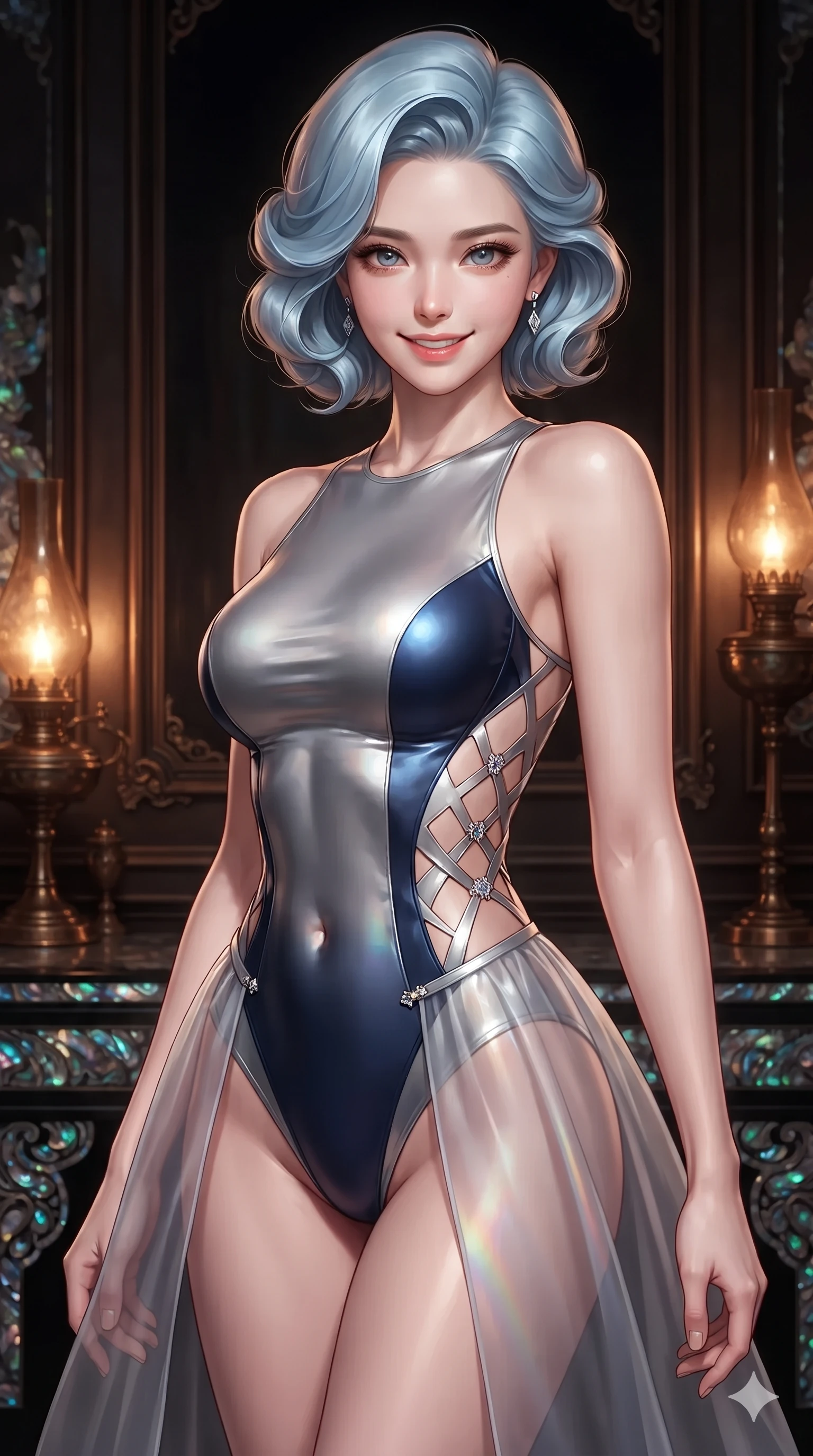 score_9, masterpiece, best quality, ultra-detailed, high-budget anime keyframe, editorial fashion photography, tasteful artistic composition, Korean woman. close-up cowboy shot from the waist and thighs up, the character dominates the composition, filling the frame with her large presence. smiling with quiet, magnetic self-assurance directly into the camera, her sculpted waistline catching specular moonbeam highlights while twisting her slender torso in an alluring contrapposto stance, rainbow mother-of-pearl reflections contouring her waist and hips. The surrounding environment is rendered in vivid detail and crisp panoramic clarity: sharp iridescent abalone shell inlay edges, deep mirror-like black lacquer gloss, and bronze oil lamp patina in deep focus. She has an exceptionally elegant, slender, and willowy female figure with an ultra-slim waist, flat toned midriff, narrow ribcage, and sculpted feminine hips creating an alluring, slim hourglass silhouette without bulk. sharp v-shaped jawline, high-bridge nose, sparkling eyes with hypnotic seductive depth, thick curled eyelashes, glossy parted lips with a natural dewy peach sheen, alluring bedroom-eyes with an enchanting coquettish smile, exuding magnetic siren charisma and sophisticated glamour, flawlessly proportioned anatomical accuracy, strict slender model proportions, natural body alignment, perfectly sculpted long slender limbs, ultra-slim waistline, clean dynamic posture without body distortion. wearing a provocative sheer nobang organza wrap overskirt layered over a form-fitting silk leotard with bare hip flanks in metallic liquid silver and deep sapphire navy, adorned with laser-cut diamond side panels revealing teasing glimpses of bare skin, finished with an ultra-high side slit secured by miniature jeweled clasps, the glove-like clinging cut tightly following the natural contour of her hips and long slender legs with youthful 8.5-heads elegance. bathed in soft moody amber chiaroscuro lighting spilling from ornate bronze oil lamps. ultra-reflective glossy finish, specular highlights, rich textural contrasts, high-contrast stereoscopic depth, volumetric dynamic lighting, 2k, ultra detail, master piece, 9:16 ratio