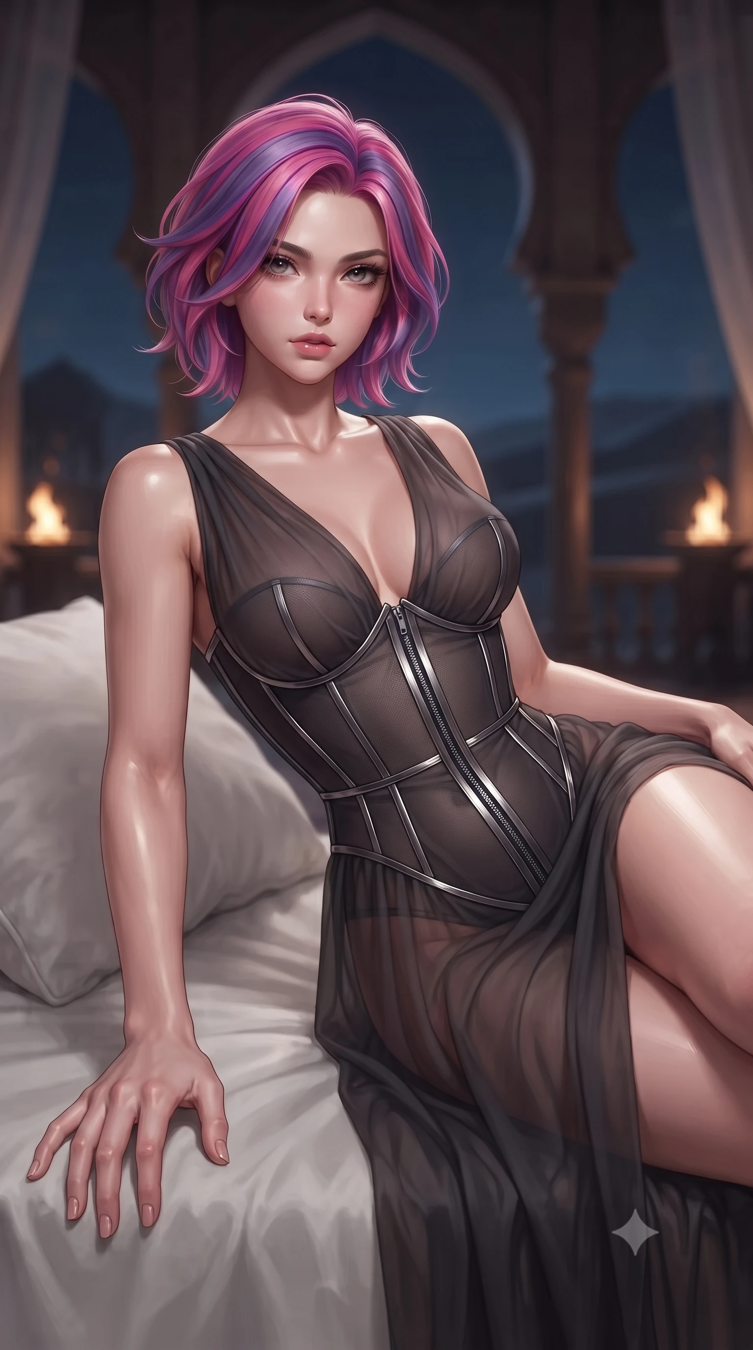score_9, masterpiece, best quality, ultra-detailed, high-budget anime keyframe, editorial fashion photography, tasteful artistic composition, Caucasian woman. close-up cowboy shot from the waist and thighs up, the character dominates the composition, filling the frame with her large presence, background elements kept in soft focus. Reaching one hand toward the viewer with relaxed sensual elegance, lounging on a white linen daybed surrounded by open arches overlooking the desert, mysterious oriental desert luxury aesthetic. She has an exceptionally elegant, slender, and willowy female figure with an ultra-slim waist, a gracefully sculpted slender torso, and a refined silhouette. sharp v-shaped jawline, high-bridge nose, intricate jewel-like eyes with depth, thick eyelashes, glossy lips with a natural sheen. wearing semi-opaque sheer dark chiffon gown revealing structured corset silhouette in dark charcoal gray, made of fine dark contouring mesh, finished with metallic silver boning and sleek zipper points, sculpting her athletic slender build with refined precision. lit by low-key flame light piercing through dark desert night air. ultra-reflective glossy finish, specular highlights, metallic sheen, high-contrast stereoscopic depth, volumetric dynamic lighting, 2k, ultra detail, master piece, 9:16 ratio