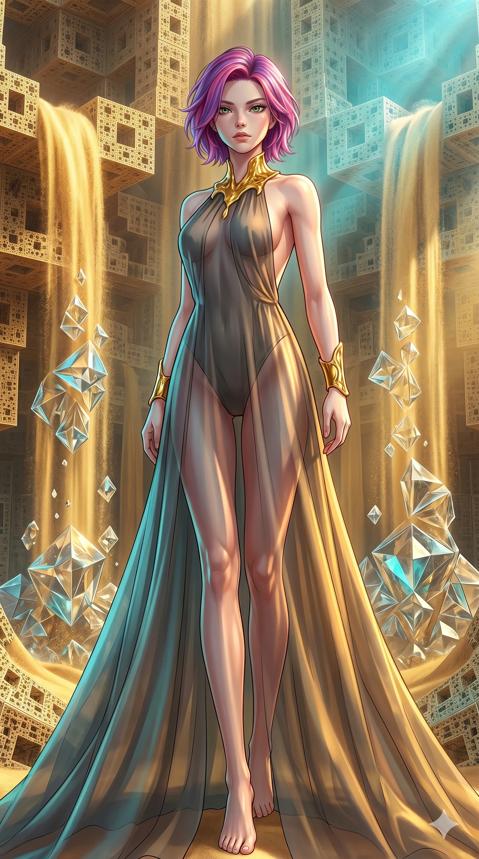 score_9, masterpiece, best quality, ultra-detailed, high-budget anime keyframe, Japanese woman. low angle full-body shot filling the entire 9:16 frame with her statuesque presence, stretching the vertical silhouette. descending through a fractal quicksand temple where golden sand waterfalls transform into glass crystals, revealing intricate repeating patterns. She has an absolutely perfect 8-heads proportion, an exceptionally tall and slender female figure with impossibly long slender legs and an ultra-slim waist. V-shaped jawline, high-bridge nose, intricate jewel-like eyes with depth, thick eyelashes, glossy lips with a natural sheen.. wearing a molten gold and chiffon gown, featuring organic liquid gold collar and cuffs on a translucent charcoal-gray halter neck chiffon gown with a deep backless design. showcasing a beautiful play of light and shadow, with warm golden rays clashing against cool cyan highlights. 2k, ultra detail, master piece, 9:16 ratio