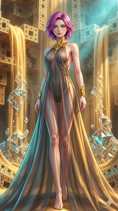 score_9, masterpiece, best quality, ultra-detailed, high-budget anime keyframe, Japanese woman. low angle full-body shot filling the entire 9:16 frame with her statuesque presence, stretching the vertical silhouette. descending through a fractal quic