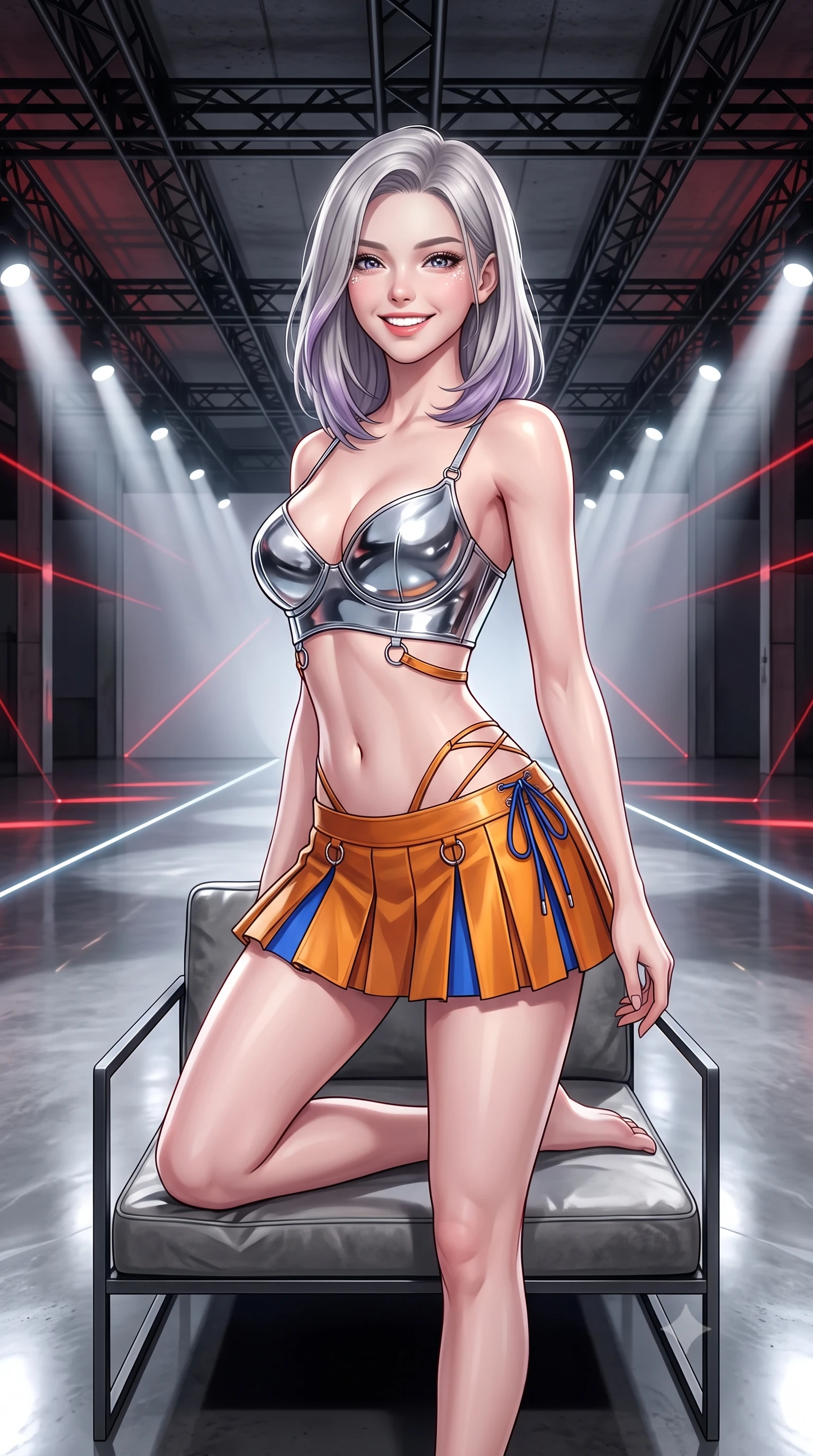 score_9, masterpiece, best quality, ultra-detailed, high-budget anime keyframe, editorial fashion photography, tasteful artistic composition, Caucasian woman. close-up cowboy shot from the waist and thighs up, the character dominates the composition, filling the frame with her large presence. perched sideways on the lounge seat, one knee drawn up to showcase her slender leg line while her arched back accentuates her feminine hip curve while standing poised at the center of the mirror-finished concrete runway beneath exposed black steel trusses, arching her spine with commanding haute-couture charisma. The surrounding environment is rendered in vivid detail and crisp panoramic clarity: sharp black matte steel trusses, mirror-polished industrial epoxy floor reflections, and crisp laser projection lines in deep focus. She has an exceptionally elegant, slender, and willowy female figure with an ultra-slim waist, flat toned midriff, narrow ribcage, and sculpted feminine hips creating an alluring, slim hourglass silhouette without bulk. sharp v-shaped jawline, high-bridge nose, intricate jewel-like sparkling eyes with depth, thick eyelashes, glossy parted lips with a natural peach sheen, bright cheerful beaming smile with an enchanting and coquettish sensual glint, exuding both youthful cute charm and seductive allure, flawlessly proportioned anatomical accuracy, strict slender model proportions, natural body alignment, perfectly sculpted long slender limbs, ultra-slim waistline, clean dynamic posture without body distortion. wearing a chrome-plated structured underwire bustier top paired with an ultra-short low-rise pleated micro mini skirt in Jovian amber and electric storm cobalt, adorned with delicate chrome ring hardware and cutouts along her slender waist, featuring fine criss-cross lace-up side ties revealing tantalizing glimpses of her hip curve, the form-contouring silhouette accentuating her sculpted flat midriff, narrow delicate ribcage, and gracefully curvy hips with intoxicating allure. bathed in high-contrast crisp white 5000K runway spotlights contrasted with subtle red ambient laser ribbons. ultra-reflective glossy finish, specular highlights, rich textural contrasts, high-contrast stereoscopic depth, volumetric dynamic lighting, 2k, ultra detail, master piece, 9:16 ratio