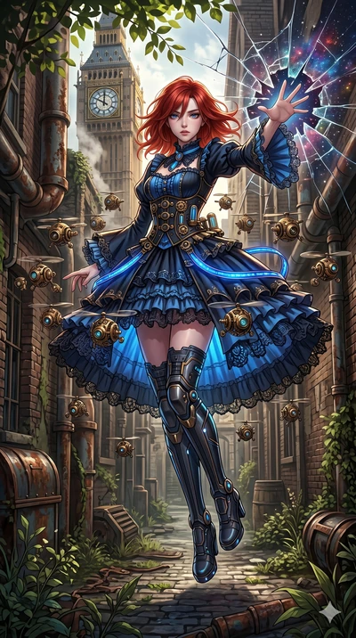 score_9, masterpiece, best quality, ultra-detailed, Set A: High-budget Anime Keyframe, Japanese woman. Upper body close-up from the thighs up, character filling the screen for maximum presence. Theme: Urban Decay. shattering the fabric of reality in 