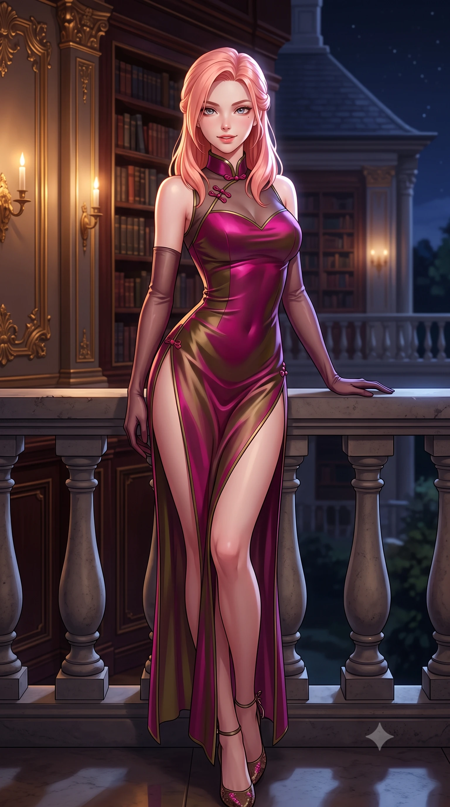 score_9, masterpiece, best quality, ultra-detailed, high-budget anime keyframe, semi-realistic 3D game render, editorial fashion photography, tasteful artistic composition, Japanese woman. low angle full-body shot from head to toe showing her feet, filling the entire 9:16 vertical frame with her statuesque presence, stretching her vertical silhouette. leaning deep against the balcony balustrade with hips cocked back in an unapologetically alluring high-fashion stance, casting an intoxicating glance while standing poised between monumental gilded wall panels, arching her lower back with sovereign supermodel poise as candlelight reflects on polished mahogany. The surrounding environment is rendered in vivid detail and crisp panoramic clarity: detailed form-contouring sheer gossamer silk slip dress, side lace-up corset ties, and historic British craft in razor-sharp precision. She has an exceptionally tall and slender model-like 8.5-heads proportion, an ultra-slim waist, a flat toned midriff, narrow delicate ribcage, and beautifully sculpted feminine hips creating a graceful, slim hourglass silhouette without any bulky heaviness, with impossibly long slender legs. sharp v-shaped jawline, high-bridge nose, intricate jewel-like sparkling eyes with depth, thick eyelashes, glossy parted lips with a natural peach sheen, bright cheerful beaming smile with an enchanting and coquettish sensual glint, exuding both youthful cute charm and seductive allure, flawlessly proportioned anatomical accuracy, strict slender model proportions, natural body alignment, perfectly sculpted long slender limbs, ultra-slim waistline, clean dynamic posture without body distortion. wearing a provocative sheer silk organza modern qipao dress with dramatic hip-high side slits and translucent mesh frog-button bodice in Ravello bougainvillea magenta and deep olive bronze, crafted from translucent silk organza with an ethereal crystalline sheen, complemented by sheer opera-length evening gloves tracing her slender arms, the form-contouring silhouette accentuating her sculpted flat midriff, narrow delicate ribcage, and gracefully curvy hips with intoxicating allure. bathed in the rich chiaroscuro glow of natural hearth firelight and warm library picture sconces. highly saturated vibrant anime colors, detailed shading with soft gradients, rich glossy textures, high-contrast stereoscopic depth, volumetric dynamic lighting, master piece, 9:16 ratio