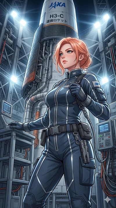 score_9, masterpiece, best quality, ultra-detailed, high-budget anime keyframe, Japanese woman. Upper body close-up from the thighs up, character filling the screen for maximum presence. On a spacecraft launchpad, next to a transport rocket, looking 