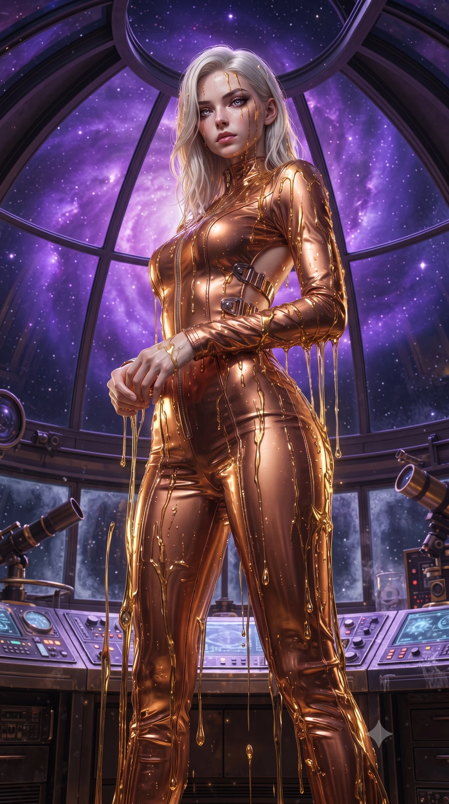 score_9, masterpiece, best quality, ultra-detailed, High-budget Anime Keyframe, editorial fashion photography, tasteful artistic composition, realistic cosplay photography, Caucasian woman, strictly human ears. Low angle cowboy shot filling the entire 9:16 frame with her statuesque presence. Scenario 493: standing under a waterfall of liquid gold, the fluid coating her form, in a high-altitude observatory dome under a swirling violet nebula. Her presence is magnetic and overpowering in this high-budget cinematic scene. Outfit 493: a tailored metallic copper patent leather jumpsuit with a dramatic backless design and metallic buckles. The clothing is designed to emphasize her exceptionally tall and slender 8-heads proportion. 8-heads proportion, towering silhouette, ultra-slim waist. sharp v-shaped jawline, intricate jewel-like eyes with depth, thick eyelashes, glossy lips. ultra-reflective glossy finish, specular highlights, metallic sheen, high-contrast stereoscopic depth, volumetric dynamic lighting, 2k, ultra detail, master piece, 9:16 ratio
