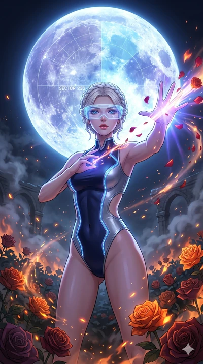 score_9, masterpiece, best quality, ultra-detailed, Set A: High-budget Anime Keyframe, Korean woman. Low angle cowboy shot filling the entire 9:16 frame with her statuesque presence. Casting a spell through a burning rose garden, with a massive holog
