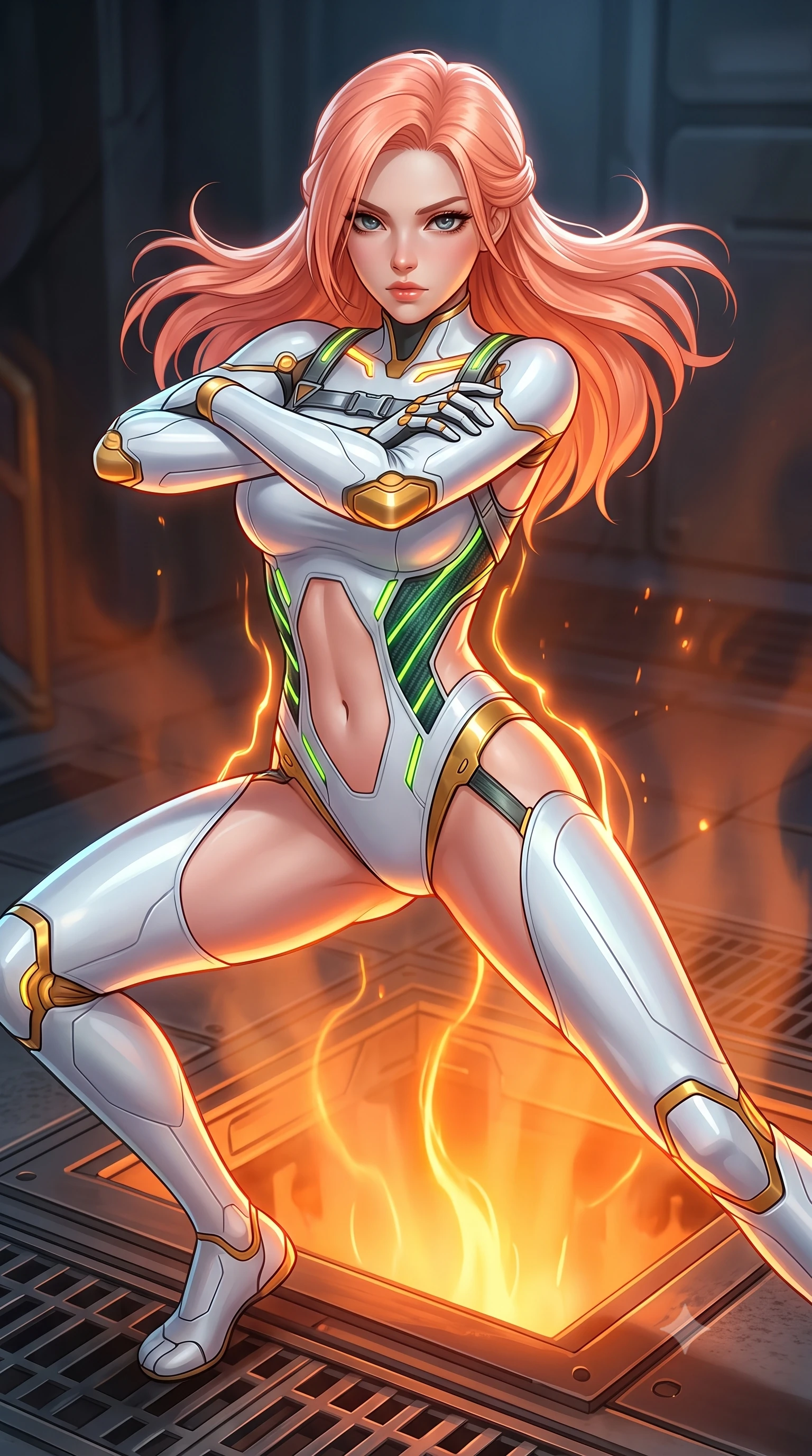 score_9, masterpiece, best quality, ultra-detailed, high-budget anime keyframe, semi-realistic 3D game render, editorial fashion photography, tasteful artistic composition, Japanese woman. close-up cowboy shot from the waist and thighs up, the character dominates the composition, filling the frame with her large presence. shifting into a low cat-stance with arms crossed defensively, glowing energy conduits tracing her ultra-slim waist and sculpted clavicle while arching her back in an athletic back-handspring over an open steam vent with molten orange light tracing her curves. The surrounding environment is rendered in vivid detail and crisp panoramic clarity. sharp heat-resistant carbon armor plate seams, glowing amber joint LED channels, and iron grating in deep focus. She has an exceptionally elegant, slender, and willowy female figure with an ultra-slim waist, a gracefully sculpted slender torso, toned flat midriff, and a refined slim silhouette. sharp v-shaped jawline, high-bridge nose, intricate jewel-like eyes with depth, thick eyelashes, glossy lips with a natural sheen, flawlessly proportioned anatomical accuracy, strict slender model proportions, natural body alignment, perfectly sculpted long slender limbs, ultra-slim waistline, clean dynamic posture without body distortion. wearing a form-contouring arctic white carbon-composite martial arts leotard with solar gold articulation joints and diagonal midriff vents in emerald green carbon composite with glowing lime laser channels, crafted from ultra-strong woven carbon-fiber composite with a satin luster, reinforced by a sleek titanium kinetic harness and glowing micro-energy straps, the precision-cut daring openings accentuating her delicate midriff, graceful bare collarbones, and ultra-slim feminine waistline. surrounded by an elemental, fierce, and irresistibly powerful cyber-valkyrie of flame aura. rich saturated anime colors with glowing neon highlights, detailed shading with soft gradients, rich glossy textures, high-contrast stereoscopic depth, volumetric dynamic lighting, master piece, 9:16 ratio