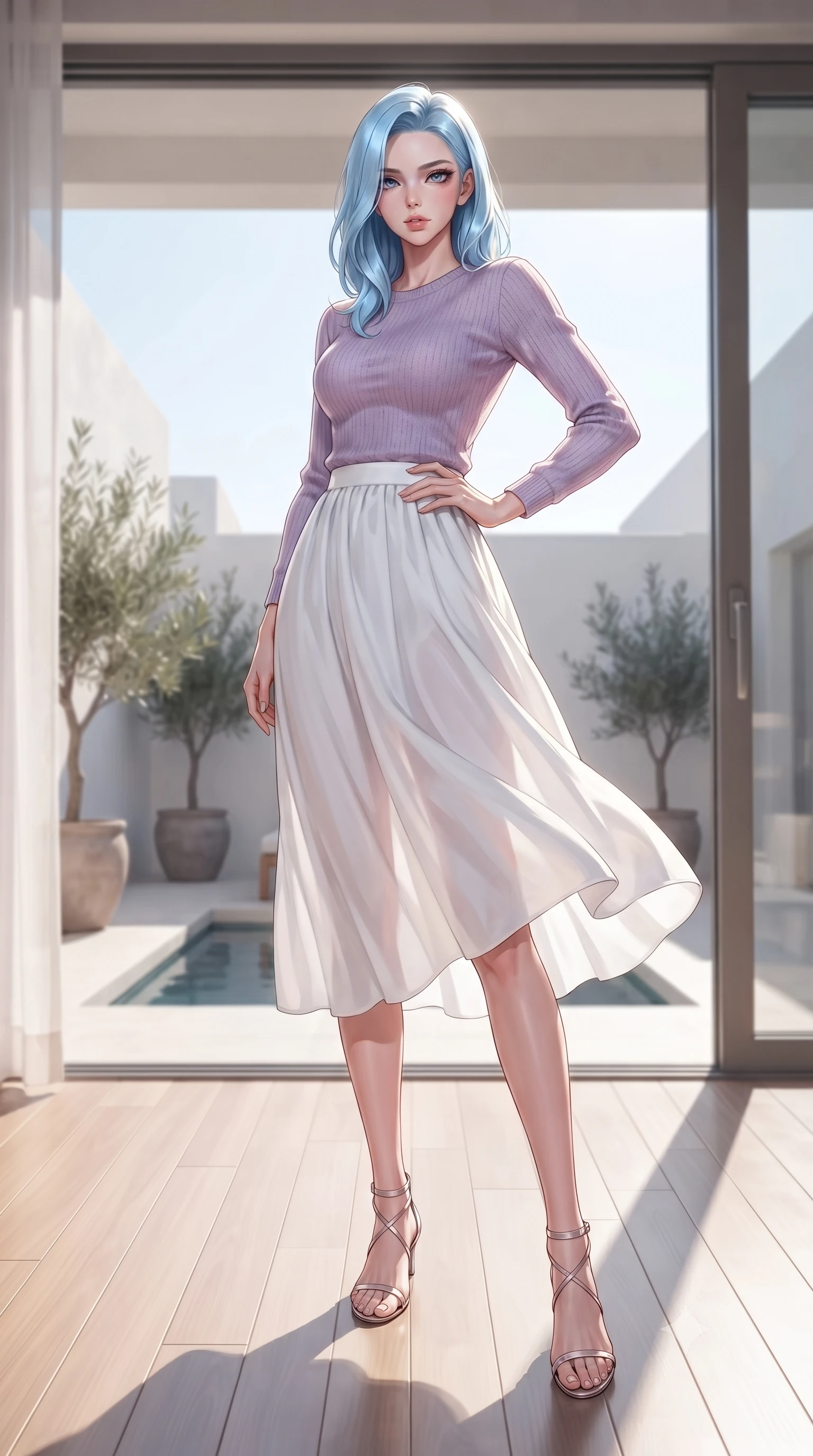 score_9, masterpiece, best quality, ultra-detailed, high-budget anime keyframe, editorial fashion photography, tasteful artistic composition, Korean woman woman. low angle full-body shot from head to toe showing her feet, filling the entire 9:16 vertical frame with her statuesque presence, stretching her vertical silhouette. posing confidently with one hand on her hip, stretching her statuesque body to emphasize her curves the background shows a soft-focus a white-walled minimal villa suite with a private terrace and potted plants. She has an absolutely perfect, statuesque 8.5-heads proportion, an exceptionally tall and slender model-like female figure with impossibly long slender legs and an ultra-slim waist. sharp v-shaped jawline, high-bridge nose, intricate jewel-like eyes with depth, thick eyelashes, glossy lips with a natural sheen. wearing a slim-fit soft lavender knit sweater paired with a flowy white cotton maxi skirt. bright morning sun rays creating fresh and energetic shadows. ultra-reflective glossy finish, specular highlights, metallic sheen, high-contrast stereoscopic depth, volumetric dynamic lighting, 2k, ultra detail, master piece, 9:16 ratio