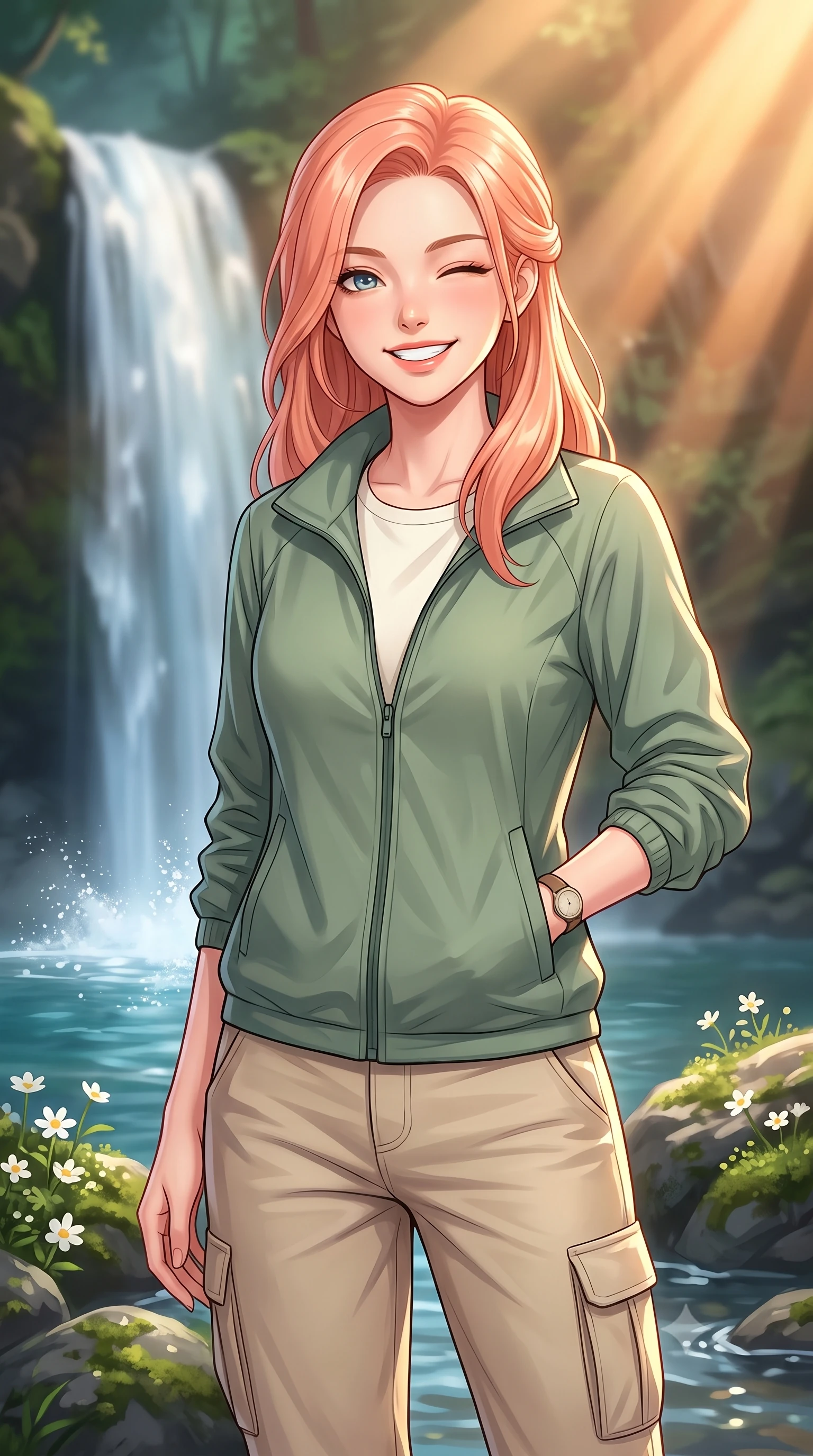 score_9, masterpiece, best quality, ultra-detailed, high-budget anime keyframe, editorial fashion photography, tasteful artistic composition, Japanese woman. close-up cowboy shot from the waist and thighs up, the character dominates the composition, filling the frame with her large presence, background elements kept in soft focus. smiling brightly with a cheerful expression, winking playfully at the viewer set against a soft-focus background of near a beautiful forest waterfall with clean water splashing into a pool with small white wildflowers growing between the mossy river rocks. She has an exceptionally elegant, slender, and willowy female figure with an ultra-slim waist, a gracefully sculpted slender torso, and a refined silhouette. sharp v-shaped jawline, high-bridge nose, intricate jewel-like eyes with depth, thick eyelashes, glossy lips with a natural sheen. wearing tailored casual athletic windbreaker in sage green, paired with a simple tee and cargo pants. golden hour sunset light slicing through the valley gorge in warm rays. highly saturated vibrant anime colors, detailed shading with soft gradients, rich glossy textures, high-contrast stereoscopic depth, volumetric dynamic lighting, master piece, 9:16 ratio