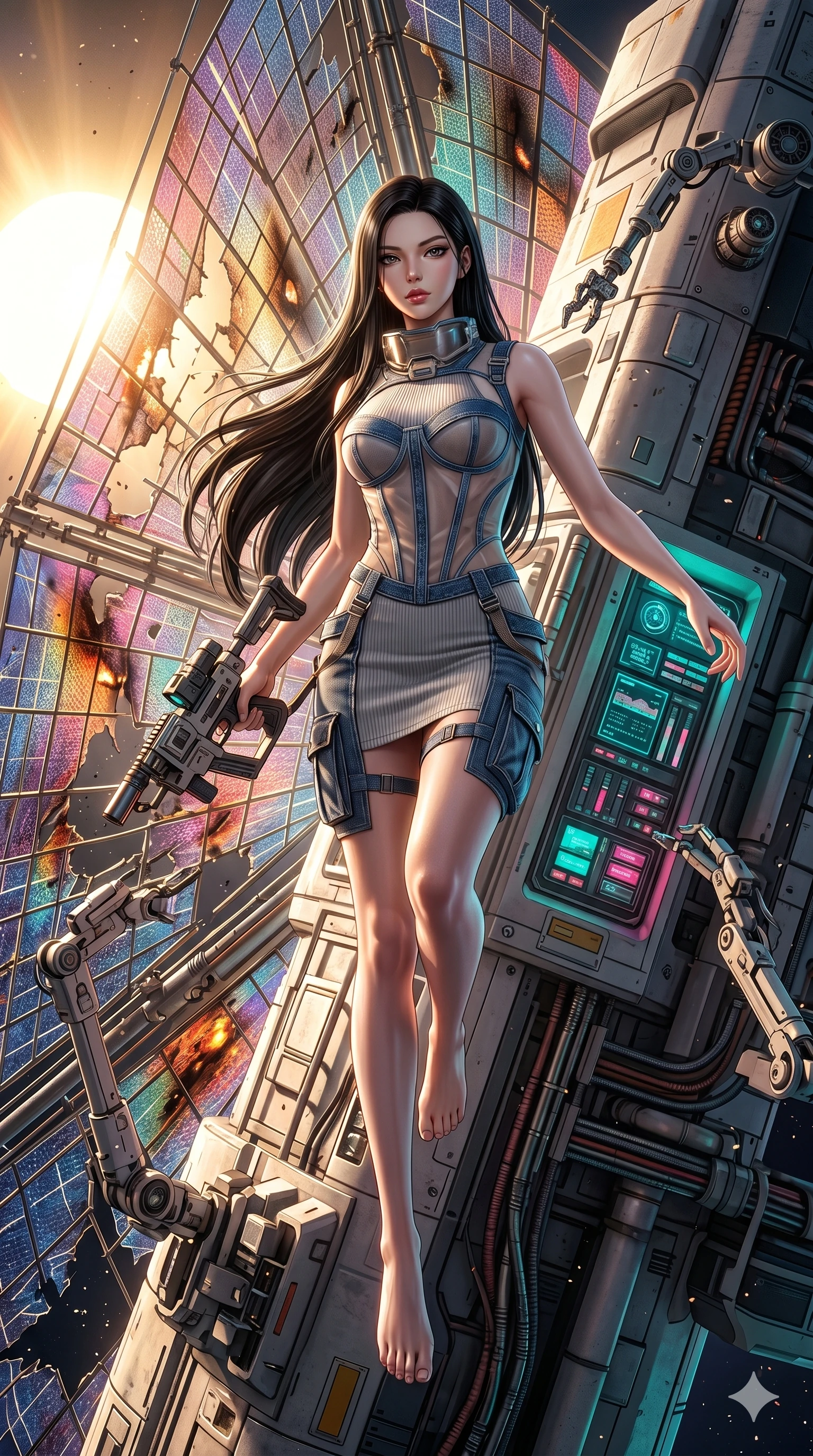 score_9, masterpiece, best quality, ultra-detailed, photorealistic 8k CG, hyper-detailed textures, ray-tracing, Japanese woman. Extreme high angle shot as she leaps towards the camera, filling the frame. reparing a damaged solar sail on a ship heading for a new sun. She has an absolutely perfect 8-heads proportion, an exceptionally tall and slender female figure with an ultra-slim waist and impossibly long slender legs. strictly human anatomy, two legs only, no extra limbs, clearly defined legs and arms, perfect anatomy, perfect hands and fingers. sharp v-shaped jawline, high-bridge nose, intricate jewel-like eyes, thick eyelashes, glossy lips. Wearing Urban Trendsetter: Ribbed bodycon dress, crop top with high-waist denim, and sheer corset with cargo pants. The scene is illuminated by dramatic atmospheric lighting and vibrant color palettes. , 2k, ultra detail, master piece, 9:16 ratio