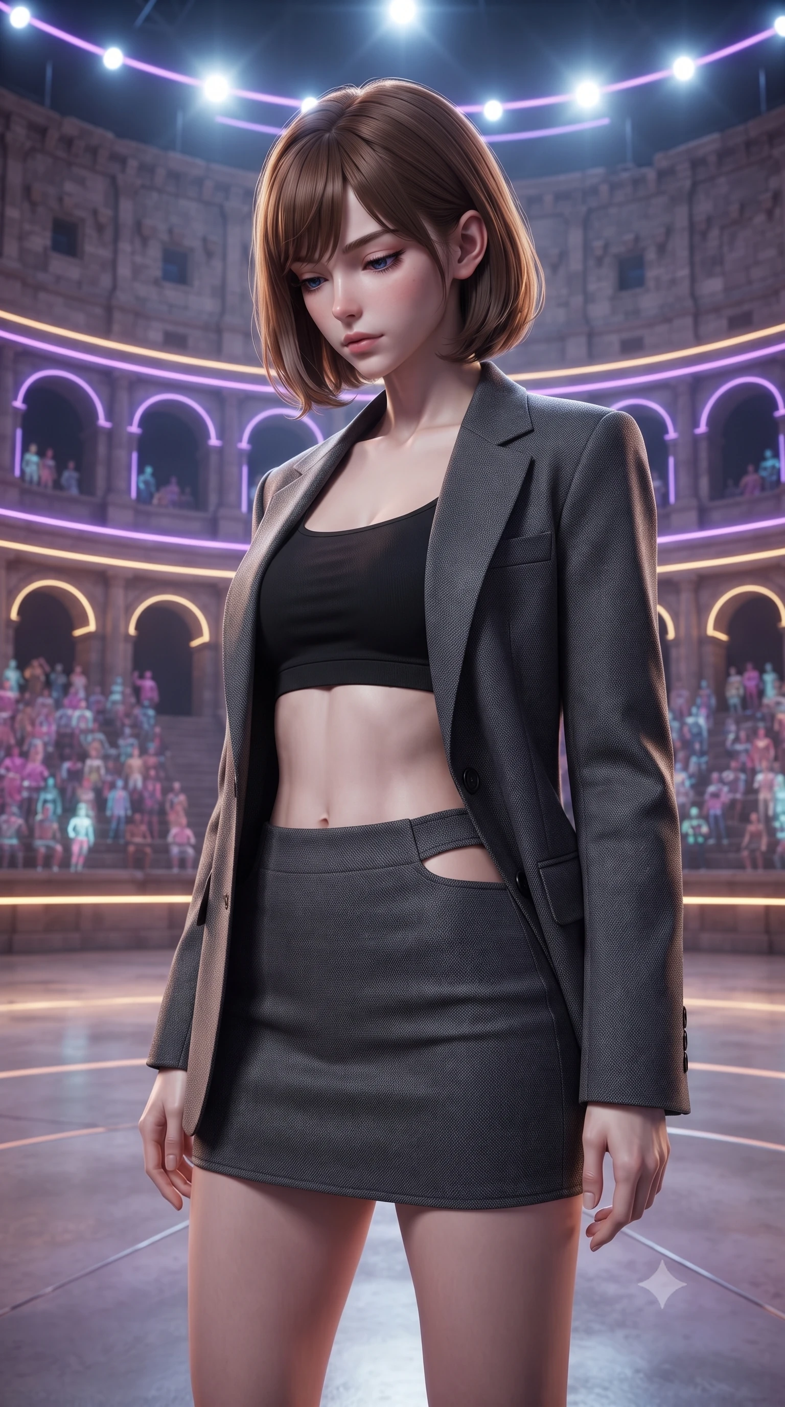 score_9, masterpiece, best quality, ultra-detailed, high-budget anime keyframe, editorial fashion photography, tasteful artistic composition, Caucasian woman, strictly human ears. close-up cowboy shot from the waist and thighs up, the character dominates the composition, filling the frame with her large presence, background elements kept in soft focus. Looking down with lowered lashes and a composed powerful expression. set against a soft-focus background of the Roman Colosseum reimagined as a futuristic entertainment arena with holographic spectators filling the ancient stone tiers neon light strips tracing every arch and the arena floor a smooth reflective surface. She has an exceptionally elegant and slender, willowy female figure with an ultra-slim waist, a gracefully sculpted slender torso, and a refined slim physique. sharp v-shaped jawline, high-bridge nose, intricate jewel-like eyes with depth, thick eyelashes, glossy lips with a natural sheen. wearing a structured blazer in charcoal grey worn open over a black crop top and matching mini skirt with side cutout. dramatic arena lighting from above with intense white spots and neon accent strips in purple and gold outlining the ancient architecture with holographic spectator glow providing ambient fill. 2k, ultra detail, master piece, 9:16 ratio