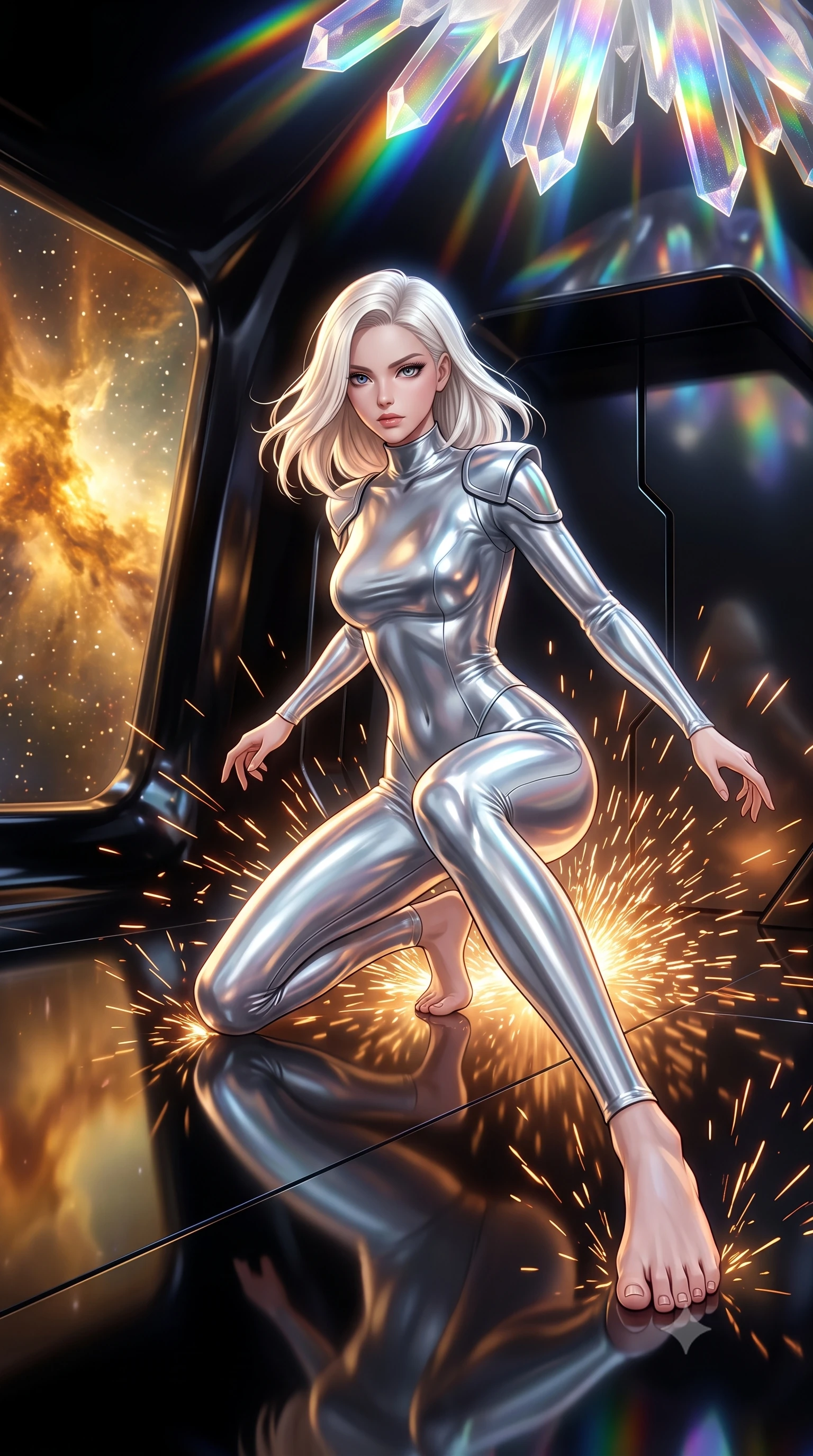 score_9, masterpiece, best quality, ultra-detailed, high-budget anime keyframe, editorial fashion photography, tasteful artistic composition, Caucasian woman, strictly human ears. low angle full-body shot from head to toe showing her feet, filling the entire 9:16 vertical frame with her statuesque presence, stretching her vertical silhouette. sliding underneath a closing blast door in a sleek combat stance with sparks flying around her inside a smooth, reflective black obsidian rock floating in space, reflecting a nearby golden nebula. She has a statuesque 8.5-heads proportion, an exceptionally tall, slender and willowy model-like build with impossibly long legs and a highly sculpted ultra-slim waist. sharp v-shaped jawline, high-bridge nose, intricate jewel-like eyes with depth, thick eyelashes, glossy lips with a natural sheen. wearing catching and diffusing the glowing particles, shimmering softly in response to the surrounding light, a tailored body-hugging silver liquid-mercury catsuit featuring a high mock neck, showcasing her athletic frame with structured shoulder guards. highly saturated vibrant anime colors, intense vivid color palette, soft 3D volumetric shading, volumetric dynamic lighting, cascading rainbow prismatic light refracting through crystal formations overhead. 2k, ultra detail, master piece, 9:16 ratio