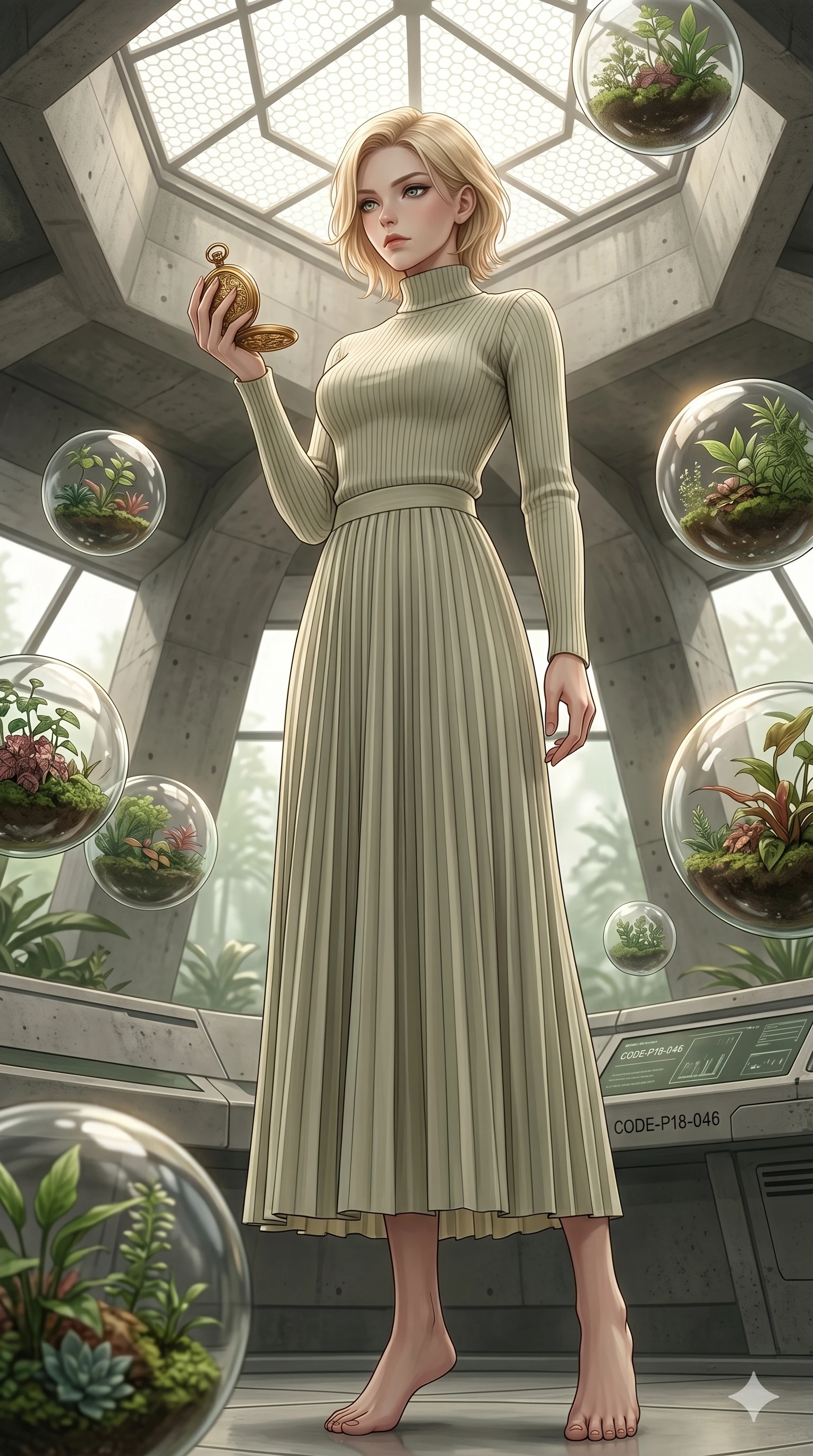 score_9, masterpiece, best quality, ultra-detailed, high-budget anime keyframe, editorial fashion photography, tasteful artistic composition, Caucasian woman, strictly human ears. low angle full-body shot from head to toe showing her feet, filling the entire 9:16 vertical frame with her statuesque presence, stretching her vertical silhouette. holding a golden pocket watch, looking past the camera with a thoughtful, focused expression inside a futuristic greenhouse with levitating glass botanical spheres (Code-P18-046). She has an absolutely perfect 8-heads proportion, an exceptionally tall and slender female figure with impossibly long slender legs and an ultra-slim waist. V-shaped jawline, high-bridge nose, intricate jewel-like eyes with depth, thick eyelashes, glossy lips with a natural sheen. wearing a high-neck ribbed sweater with a matching long pleated skirt. soft diffused light from a concrete skylight, highlighting her V-shaped jawline and nose. 2k, ultra detail, master piece, 9:16 ratio