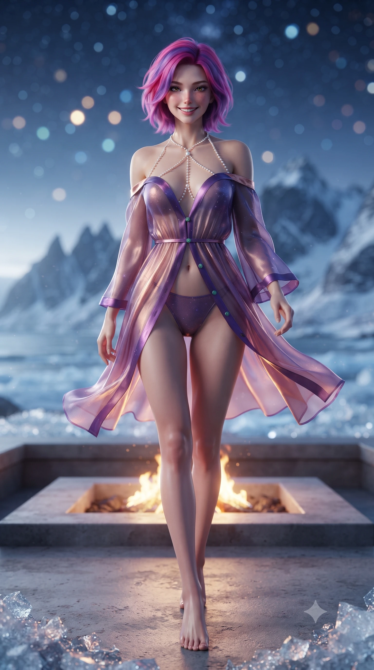 score_9, masterpiece, best quality, ultra-detailed, high-budget anime keyframe, editorial fashion photography, tasteful artistic composition, Caucasian woman. low angle full-body shot from head to toe showing her feet, filling the entire 9:16 vertical frame with her statuesque presence, stretching her vertical silhouette. stepping slowly toward the camera with hypnotic grace, hips swaying in an alluring sensual rhythm that accentuates her curvy hourglass silhouette and long slender legs while standing poised on the heated concrete patio beside the sunken beach fire pit, arching her lower back as sea breezes mold her sheer gown to her curves. The background shows a soft-focus dramatic razor-sharp peaks of Senja Island rising from icy ocean waters, glittering beach ice crystals, and starry sky blurred into diamond, sapphire, and topaz bokeh. She has an exceptionally tall and slender model-like 8.5-heads proportion, an ultra-slim waist, a flat toned midriff, narrow delicate ribcage, and beautifully sculpted feminine hips creating a graceful, slim hourglass silhouette without any bulky heaviness, with impossibly long slender legs. sharp v-shaped jawline, high-bridge nose, intricate jewel-like sparkling eyes with depth, thick eyelashes, glossy parted lips with a natural peach sheen, bright cheerful beaming smile with an enchanting and coquettish sensual glint, exuding both youthful cute charm and seductive allure, flawlessly proportioned anatomical accuracy, strict slender model proportions, natural body alignment, perfectly sculpted long slender limbs, ultra-slim waistline, clean dynamic posture without body distortion. wearing an alluring semi-sheer silk chiffon boudoir peignoir slipping off bare shoulders with delicate jade button accents in orbital nebula violet and luminescent rose gold, made of fluid liquid jersey with seamless sculpting hold and smooth contours, accented with a pearl-drop body harness subtly framing her dewy collarbones and spine, the second-skin tailored fabric adhering flawlessly to her sculpted flat midriff and slender torso, emphasizing her long leg lines and perfectly proportioned willowy build. illuminated by dark sand reflection bounce and sharp copper-gold rim lights sculpting her jawline, narrow waist, and curvy hips. ultra-reflective glossy finish, specular highlights, rich textural contrasts, high-contrast stereoscopic depth, volumetric dynamic lighting, 2k, ultra detail, master piece, 9:16 ratio