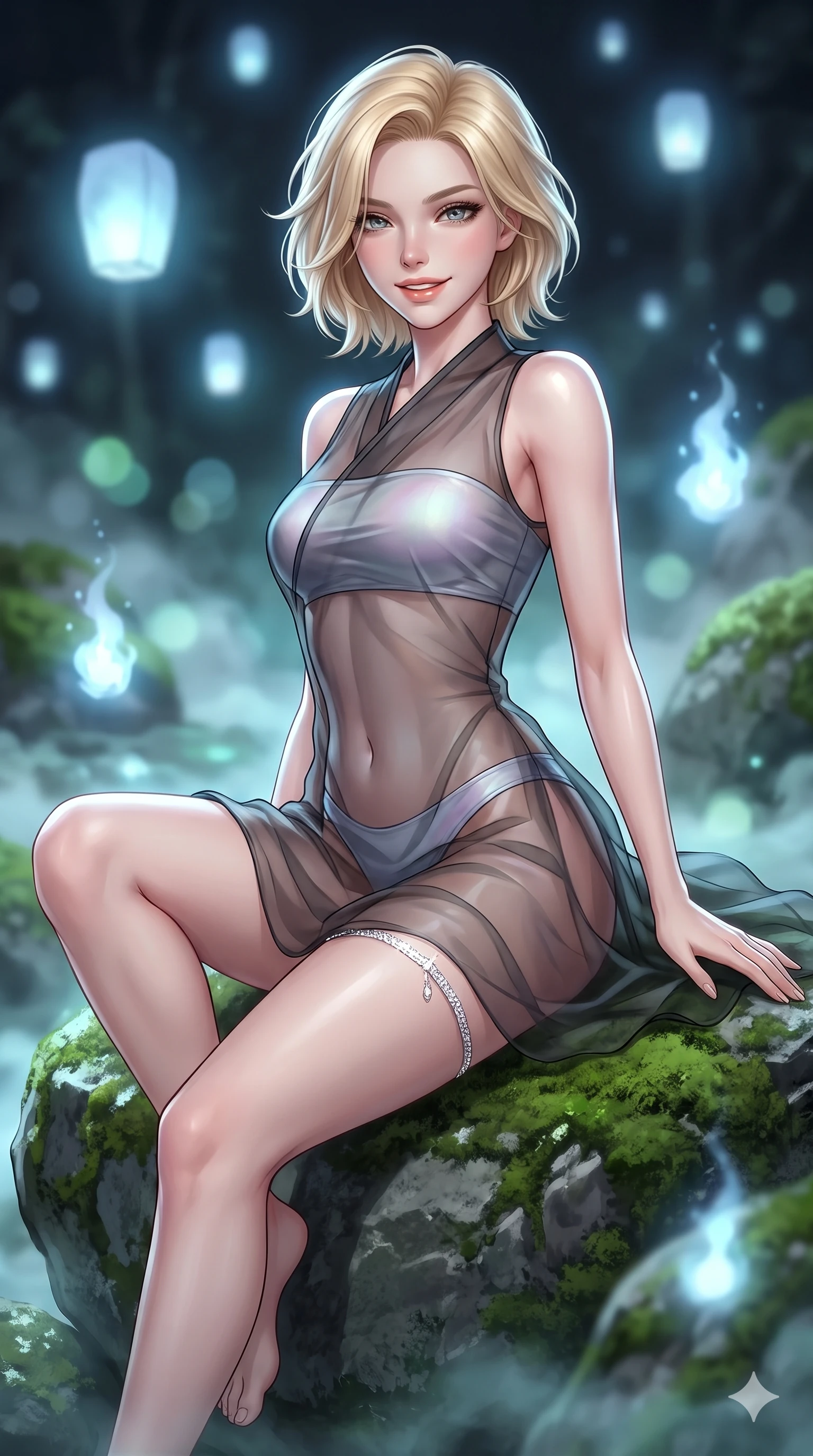 score_9, masterpiece, best quality, ultra-detailed, high-budget anime keyframe, semi-realistic 3D game render, editorial fashion photography, tasteful artistic composition, Caucasian woman. close-up cowboy shot from the waist and thighs up, the character dominates the composition, filling the frame with her large presence. smiling with quiet, magnetic self-assurance directly into the camera, her sculpted waistline catching specular moonbeam highlights while perched sideways on the mossy boulder at the water's edge, one knee drawn up to showcase her slender leg line while her arched back accentuates her curves. The background shows a soft-focus floating pale blue spirit lanterns, moss-covered boulders, and swirling mountain spring mist blurred into pale cyan, emerald, and charcoal bokeh. She has an exceptionally elegant, slender, and willowy female figure with an ultra-slim waist, flat toned midriff, narrow ribcage, and sculpted feminine hips creating an alluring, slim hourglass silhouette without bulk. sharp v-shaped jawline, high-bridge nose, sparkling eyes with hypnotic seductive depth, thick curled eyelashes, glossy parted lips with a natural dewy peach sheen, alluring bedroom-eyes with an enchanting coquettish smile, exuding magnetic siren charisma and sophisticated glamour, flawlessly proportioned anatomical accuracy, strict slender model proportions, natural body alignment, perfectly sculpted long slender limbs, ultra-slim waistline, clean dynamic posture without body distortion. wearing a delicately layered semi-sheer gossamer nobang hanbok slip dress revealing her sculpted silhouette over an opaque micro-bandeau and briefs in iridescent mother-of-pearl and misty lavender, crafted from layered gossamer black nobang organza with weightless, smoky flutter, accented with a delicate crystal-encrusted thigh garter strap glinting under the lights, the form-fitting cut adhering flawlessly to her sculpted flat midriff and slender torso, emphasizing her long leg lines and perfectly proportioned willowy build. surrounded by a mysterious dark spiritual aura with pale blue floating spirit fires and cool moonlight. highly saturated vibrant anime colors, detailed shading with soft gradients, rich glossy textures, high-contrast stereoscopic depth, volumetric dynamic lighting, master piece, 9:16 ratio