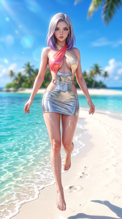 score_9, masterpiece, best quality, ultra-detailed, high-budget anime keyframe, semi-realistic 3D game render, editorial fashion photography, tasteful artistic composition, Caucasian woman. low angle full-body shot from head to toe showing her feet, 