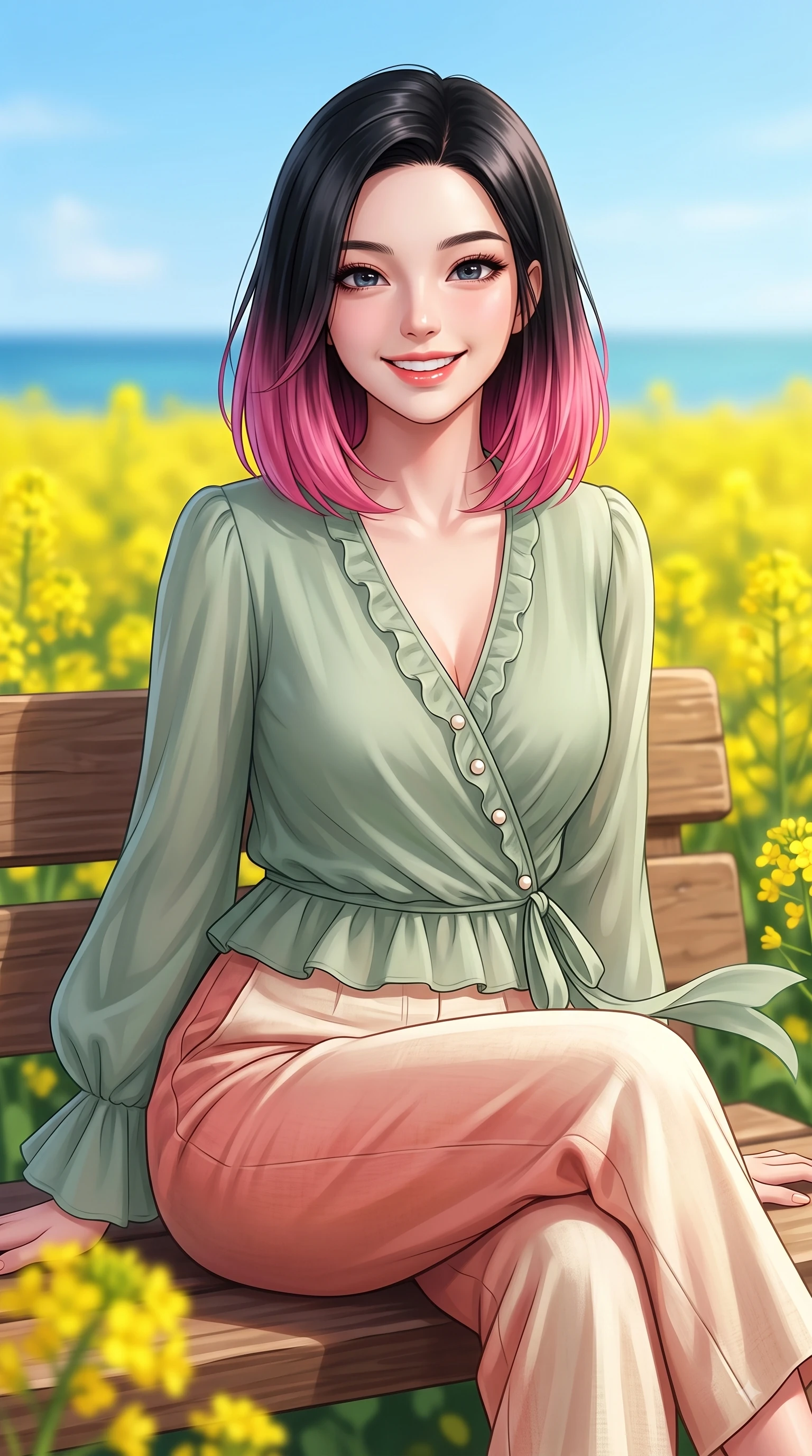 score_9, masterpiece, best quality, ultra-detailed, high-budget anime keyframe, editorial fashion photography, tasteful artistic composition, Korean woman. close-up cowboy shot from the waist and thighs up, the character dominates the composition, filling the frame with her large presence. Youthful bright smile exuding pure cute charm and fresh energy, her torso turning dynamically into the lens while sitting playfully on a wooden bench surrounded by yellow canola flower fields with a radiant beaming smile. The composition keeps background elements in soft focus with dreamy bokeh. yellow canola fields and clear coastal blue skies softened with a gentle dreamy background blur. She has an exceptionally elegant, slender, and willowy female figure with an ultra-slim waist, a gracefully sculpted slender torso, and a refined silhouette. sharp v-shaped jawline, high-bridge nose, intricate jewel-like eyes with depth, thick eyelashes, glossy lips with a natural sheen, flawlessly proportioned anatomical accuracy, natural body alignment, perfectly sculpted elegant limbs, clean dynamic posture without body distortion. wearing an elegant sage green wrap blouse with wide-leg cream linen trousers in warm coral pink and champagne ivory, made of fine lightweight chiffon that flutters gently in the breeze, finished with subtle ruffle trims and delicate pearl buttons, the breezy lightweight fabric fluttering softly against her delicate frame. surrounded by a fresh, sun-drenched, and relaxing vacation atmosphere. highly saturated vibrant anime colors, detailed shading with soft gradients, rich glossy textures, high-contrast stereoscopic depth, volumetric dynamic lighting, master piece, 9:16 ratio