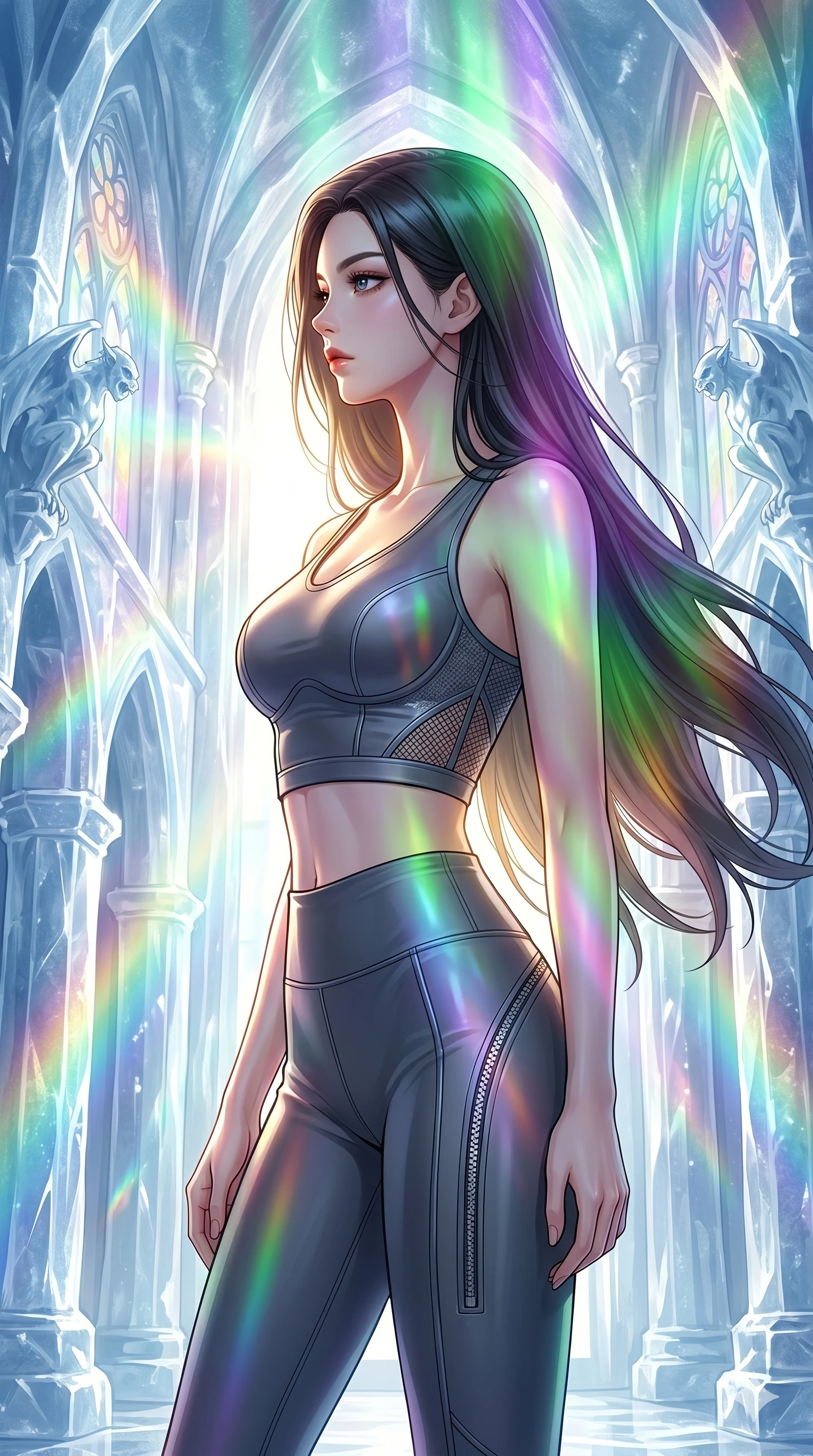 score_9, masterpiece, best quality, ultra-detailed, high-budget anime keyframe, editorial fashion photography, tasteful artistic composition, Korean woman. cowboy shot from the thighs up, character and outfit filling the frame for maximum editorial presence. Turning her face in sharp dramatic profile against the light inside a cathedral carved from pure glacier ice with refracted rainbow light pouring through every surface. She has an absolutely perfect 8-heads proportion, an exceptionally tall and slender female figure with impossibly long slender legs and an ultra-slim waist. V-shaped jawline, high-bridge nose, intricate jewel-like eyes with depth, thick eyelashes, glossy lips with a natural sheen. wearing a high-performance fitted crop sports top in deep chrome grey with sculpted structured cups and a bold graphic mesh insert at the sides, paired with matching high-waist compression leggings with side chrome zip details. illuminated by a shifting aurora palette of green, violet, and gold from above, wrapping her in color. 2k, ultra detail, master piece, 9:16 ratio