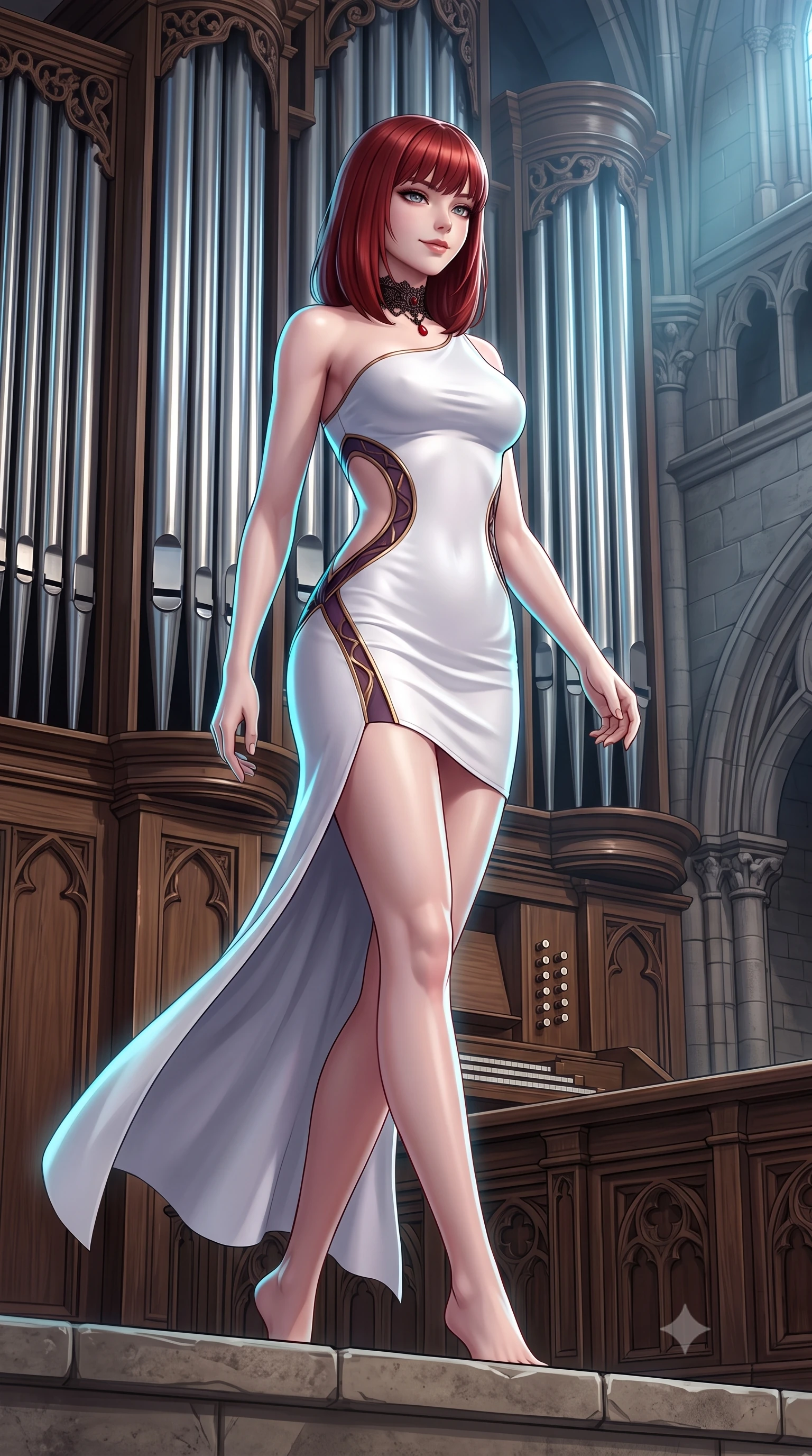 score_9, masterpiece, best quality, ultra-detailed, high-budget anime keyframe, semi-realistic 3D game render, editorial fashion photography, tasteful artistic composition, Caucasian woman. low angle full-body shot from head to toe showing her feet, filling the entire 9:16 vertical frame with her statuesque presence, stretching her vertical silhouette. walking along the terrace with poise, looking back over her bare shoulder with an irresistible smoldering bedroom-gaze while standing poised on the organ gallery loft before the massive polished tin pipes, arching her back with dramatic gothic opera glamour. The surrounding environment is rendered in vivid detail and crisp panoramic clarity: detailed sheer mesh lace leotard weave, sparkling diamond earrings, and monumental gothic masonry in razor-sharp precision. She has an absolutely perfect, statuesque 8.5-heads proportion, an exceptionally tall and slender model-like female figure with impossibly long slender legs, an ultra-slim waist, a flat toned midriff, narrow delicate ribcage, and beautifully sculpted feminine hips creating a graceful, slim hourglass silhouette without any bulky heaviness. sharp v-shaped jawline, high-bridge nose, sparkling eyes with hypnotic seductive depth, thick curled eyelashes, glossy parted lips with a natural dewy peach sheen, alluring bedroom-eyes with an enchanting coquettish smile, exuding magnetic siren charisma and sophisticated glamour, flawlessly proportioned anatomical accuracy, strict slender model proportions, natural body alignment, perfectly sculpted long slender limbs, ultra-slim waistline, clean dynamic posture without body distortion. wearing an asymmetric one-shoulder white neoprene mini dress with sharp laser-cut side openings framing her spine and hips in dark plum violet and gilded bronze with sheer obsidian overlays, crafted from fluid liquid silk satin that clings smoothly to every curve with a dewy sheen, accented with an ornate black lace Victorian choker featuring a single blood-red teardrop garnet, the liquid-tight tailored fabric clinging flawlessly to her narrow waist and rounded feminine hips, emphasizing every millimeter of her sculpted slim hourglass curves without any bulky heaviness. illuminated by tin pipe specular reflections and sharp electric-cyan rim lights sculpting her jawline, narrow waist, and curvy hips. highly saturated vibrant anime colors, detailed shading with soft gradients, rich glossy textures, high-contrast stereoscopic depth, volumetric dynamic lighting, master piece, 9:16 ratio