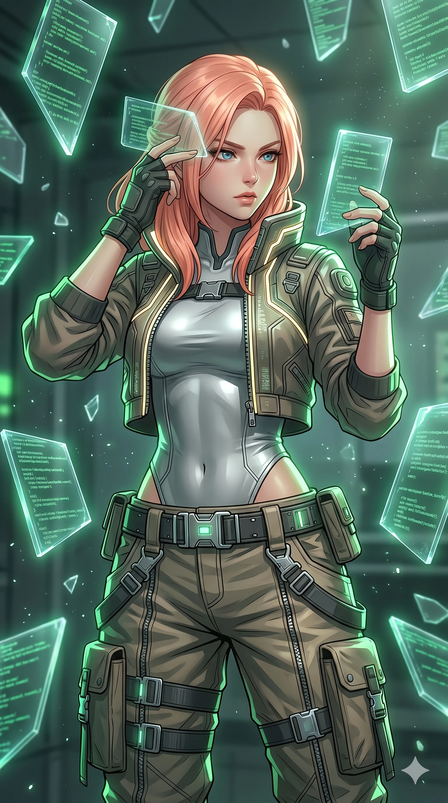 score_9, masterpiece, best quality, ultra-detailed, high-budget anime keyframe, Japanese woman. Upper body close-up from the thighs up, character filling the screen for maximum presence. Standing in a room of floating glass shards showing code, examining a shard with an intense, curious look. She is wearing a cropped cyber-jacket over a silver bodice and cargo pants with belt. The scene is lit by the green glow of the code shards and white studio key lights. 2k, ultra detail, master piece, 9:16 ratio