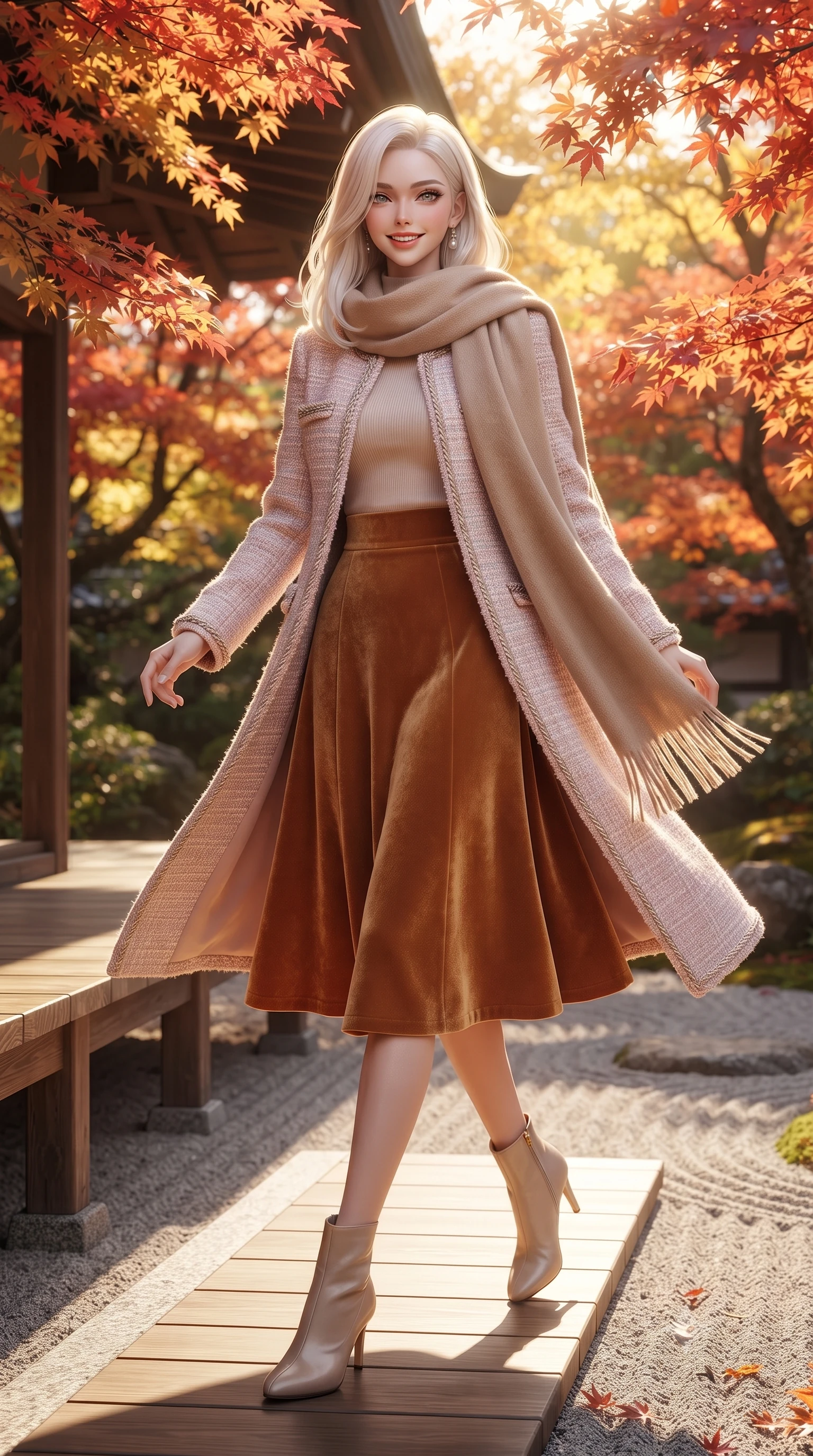 score_9, masterpiece, best quality, ultra-detailed, high-budget anime keyframe, editorial fashion photography, tasteful artistic composition, Caucasian woman. low angle full-body shot from head to toe showing her feet, filling the entire 9:16 vertical frame with her statuesque presence, stretching her vertical silhouette. stepping forward gracefully in mid-motion with a radiant beaming smile, her long tailored coat fluttering around her slender legs while sitting gracefully on the polished cypress wood engawa veranda, legs turned demurely to the side, smiling with gentle Kyoto serenity. The surrounding environment is rendered in vivid detail and crisp panoramic clarity: sharp fine grain on polished hinoki cypress veranda planks, precise raked lines in granite sand, and maple leaf serrations in deep focus. She has an exceptionally tall and slender model-like 8.5-heads proportion, an ultra-slim waist, a flat toned midriff, narrow delicate ribcage, and beautifully sculpted feminine hips creating a graceful, slim hourglass silhouette without any bulky heaviness, with impossibly long slender legs. sharp v-shaped jawline, high-bridge nose, intricate jewel-like sparkling eyes with depth, thick eyelashes, glossy parted lips with a natural peach sheen, bright cheerful beaming smile with an enchanting and coquettish sensual glint, exuding both youthful cute charm and seductive allure, flawlessly proportioned anatomical accuracy, strict slender model proportions, natural body alignment, perfectly sculpted long slender limbs, ultra-slim waistline, clean dynamic posture without body distortion. wearing a collarless pastel bouclé tweed jacket with braided trims paired with a coordinating high-waisted A-line midi skirt in warm winter cinnamon and toasted caramel, crafted from rich cotton velvet with deep light-absorbing pile and soft gradients, accented with a wide brushed cashmere fringe scarf draped elegantly over one shoulder, the streamlined silhouette following her natural slender proportions with sophisticated poise, enhancing her tall willowy presence. bathed in filtered golden autumn sunlight dappled through brilliant red and orange maple foliage. ultra-reflective glossy finish, specular highlights, rich textural contrasts, high-contrast stereoscopic depth, volumetric dynamic lighting, 2k, ultra detail, master piece, 9:16 ratio