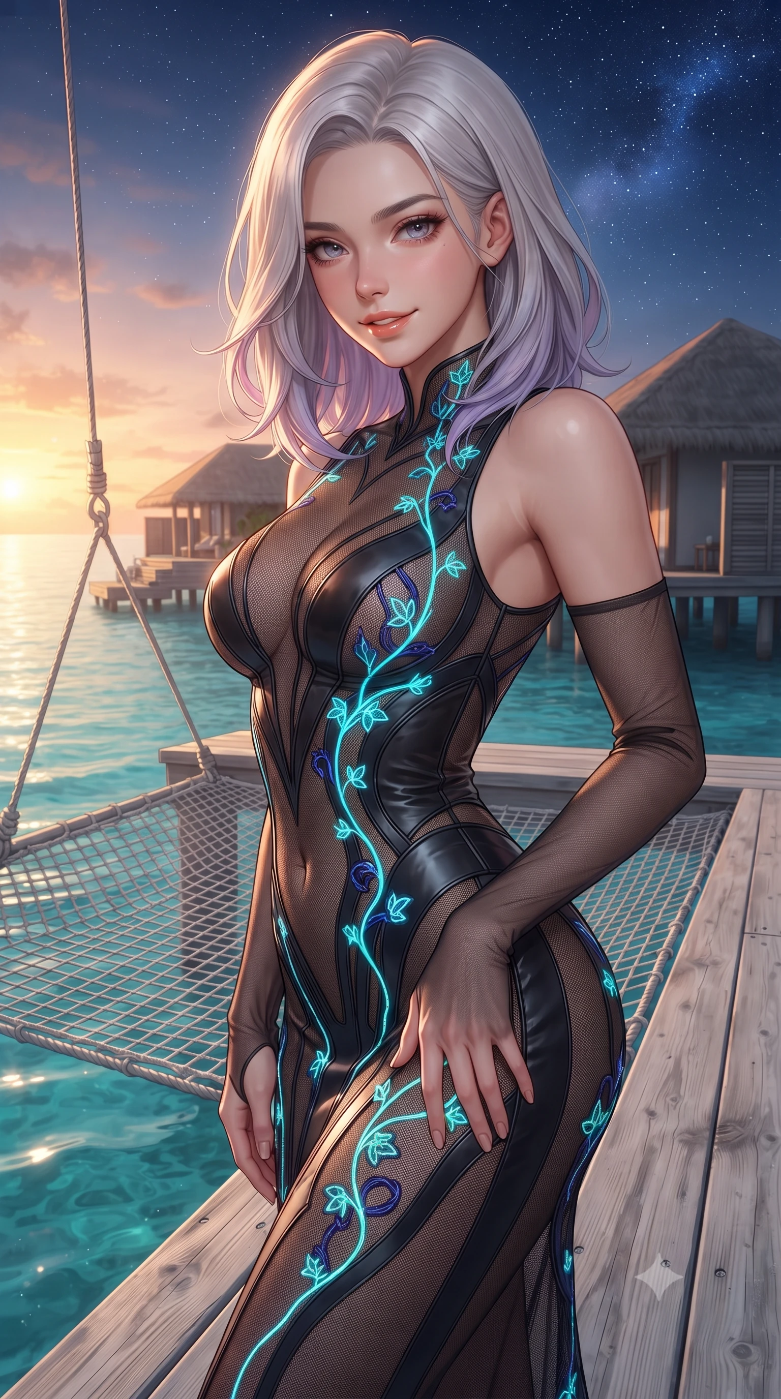 score_9, masterpiece, best quality, ultra-detailed, high-budget anime keyframe, editorial fashion photography, tasteful artistic composition, Caucasian woman. close-up cowboy shot from the waist and thighs up, the character dominates the composition, filling the frame with her large presence. tilting her head with a teasing half-smile, running one hand slowly down the side of her hip in a flirtatious S-curve as ambient light caresses her silhouette while standing poised on the weathered bleached teak deck beside the suspended catamaran netting hanging directly over turquoise water, arching her lower back with high-fashion ease. The surrounding environment is rendered in vivid detail and crisp panoramic clarity: detailed outfit texture, delicate trims, and bespoke island architecture in high resolution. She has an exceptionally elegant, slender, and willowy female figure with an ultra-slim waist, flat toned midriff, narrow ribcage, and sculpted feminine hips creating an alluring, slim hourglass silhouette without bulk. sharp v-shaped jawline, high-bridge nose, intricate jewel-like sparkling eyes with depth, thick eyelashes, glossy parted lips with a natural peach sheen, bright cheerful beaming smile with an enchanting and coquettish sensual glint, exuding both youthful cute charm and seductive allure, flawlessly proportioned anatomical accuracy, strict slender model proportions, natural body alignment, perfectly sculpted long slender limbs, ultra-slim waistline, clean dynamic posture without body distortion. wearing a provocative sheer noir illusion mesh cocktail dress with embroidered climbing ivy ribbons contouring her curves in Maldivian bioluminescent electric cyan and midnight indigo, woven from buttery-soft stretch lambskin leather adhering to her body like a second skin, complemented by sheer opera-length evening gloves tracing her slender arms, the liquid-tight tailored fabric clinging flawlessly to her narrow waist and rounded feminine hips, emphasizing every millimeter of her sculpted slim hourglass curves without any bulky heaviness. bathed in the warm radiant 2800K tropical sunset glow transitioning into star-filled Indian Ocean night. ultra-reflective glossy finish, specular highlights, rich textural contrasts, high-contrast stereoscopic depth, volumetric dynamic lighting, 2k, ultra detail, master piece, 9:16 ratio
