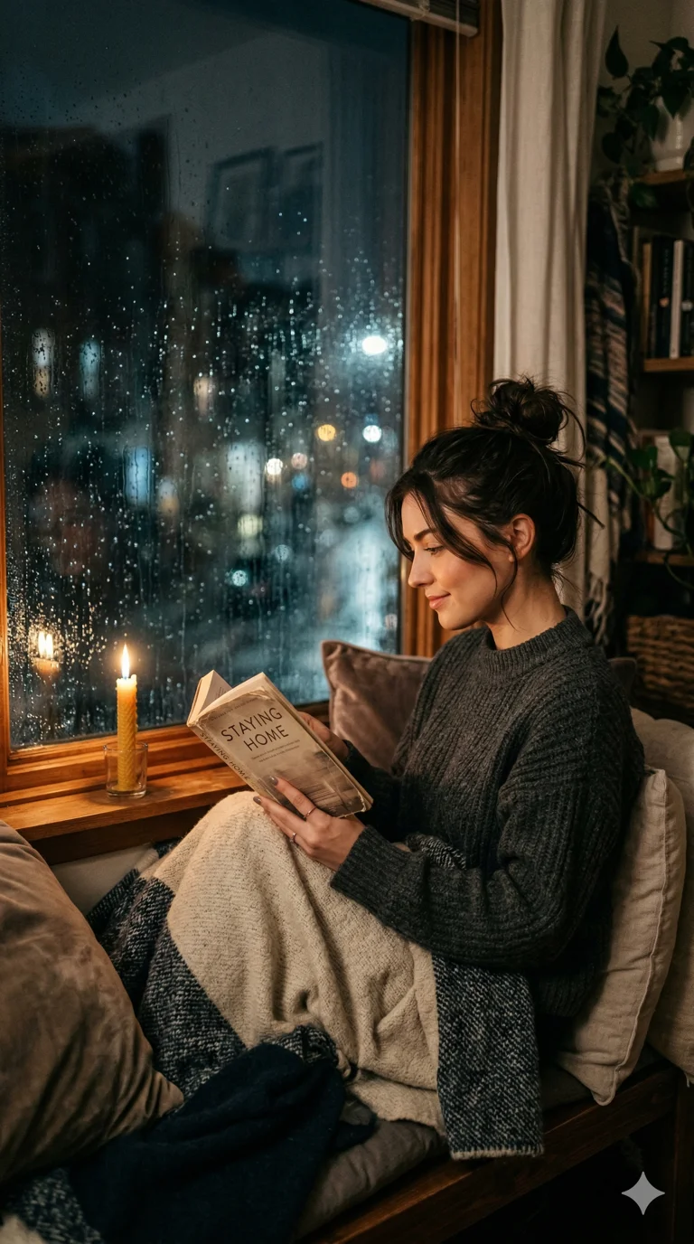 A breathtakingly beautiful woman with a messy bun reading a book by a rainy window, warm candlelight highlighting her perfect facial features, cozy and moody atmosphere, 2k, ultra detail, master piece, 9:16 ratio