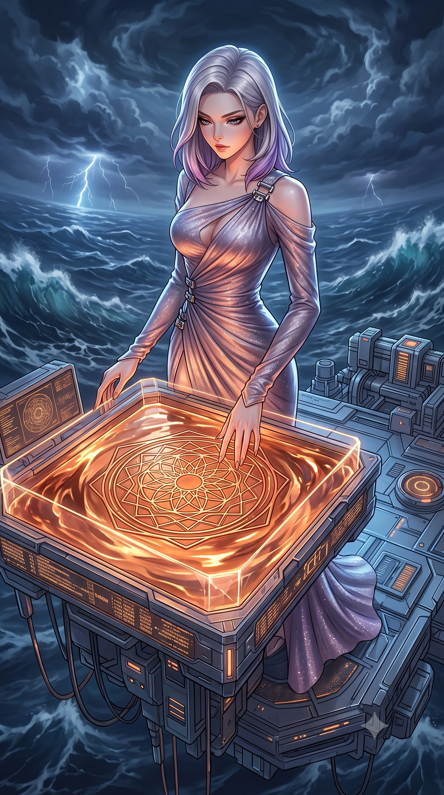 score_9, masterpiece, best quality, ultra-detailed, High-budget Anime Keyframe, Caucasian woman, strictly human ears. Dynamic full-body shot stretching the vertical silhouette to the limit. Scenario 371: tracing geometric patterns in a pool of warm liquid copper inside a floating platform suspended over a stormy sea of dark blue water. Her presence is magnetic and overpowering in this high-budget anime scene. Outfit 371: a tailored shimmering chiffon long with a low-cut shoulder and metallic buckles. The clothing is designed to emphasize her exceptionally tall and slender 8-heads proportion. 8-heads proportion, towering silhouette, ultra-slim waist. sharp v-shaped jawline, intricate jewel-like eyes with depth, thick eyelashes, glossy lips. 2k, ultra detail, master piece, 9:16 ratio